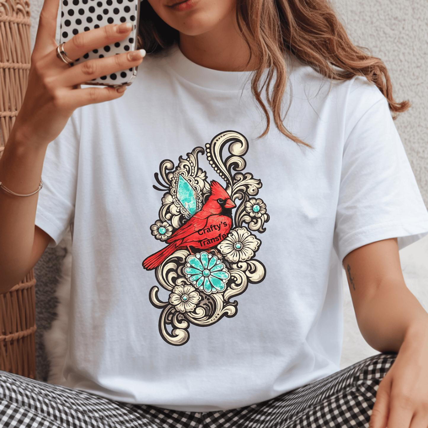Red Cardinal Floral DTF Transfer | Cardinal Bird Shirt Transfer | Ready-to-Press Vintage Floral Heat Transfer