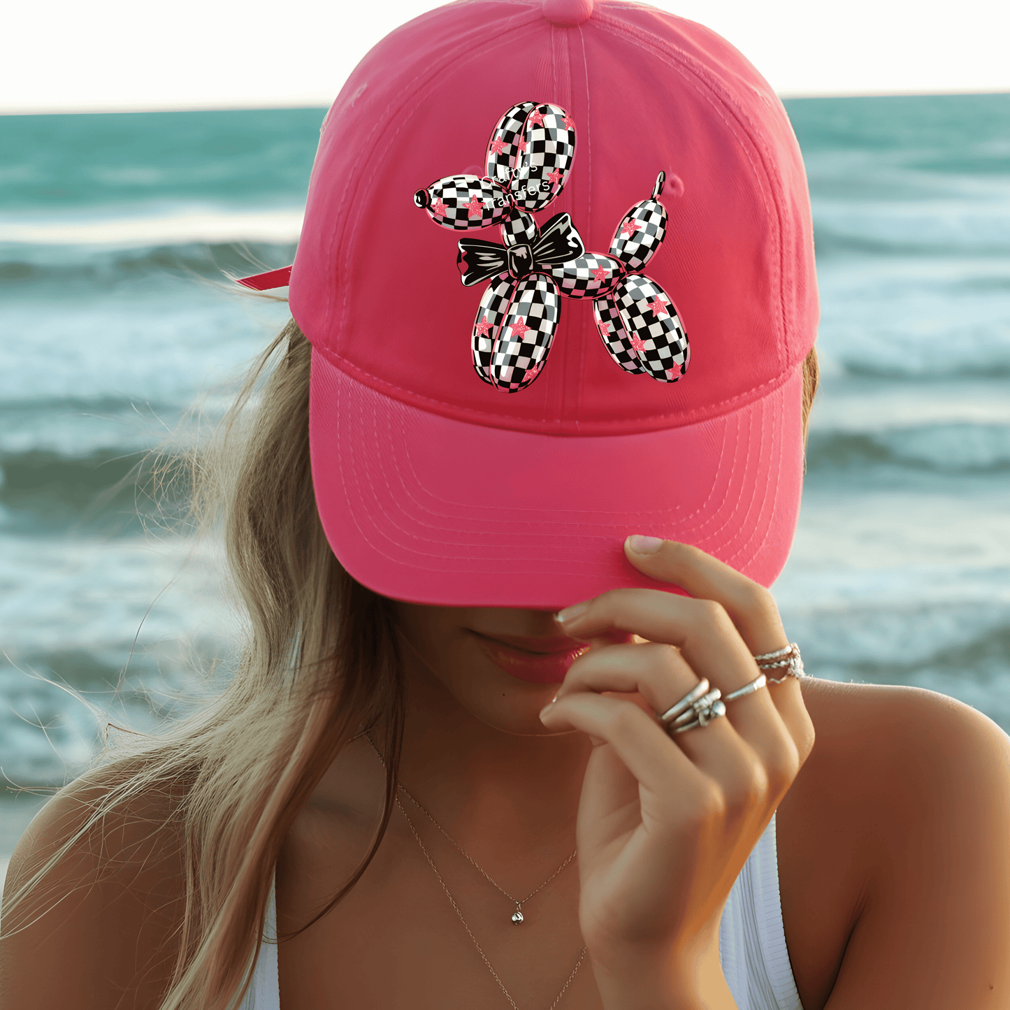 Pink Star Checker Balloon Dog DTF Transfer | Black White Checkered Puppy Bow Shirt | Ready-to-Press Boutique Heat Transfer