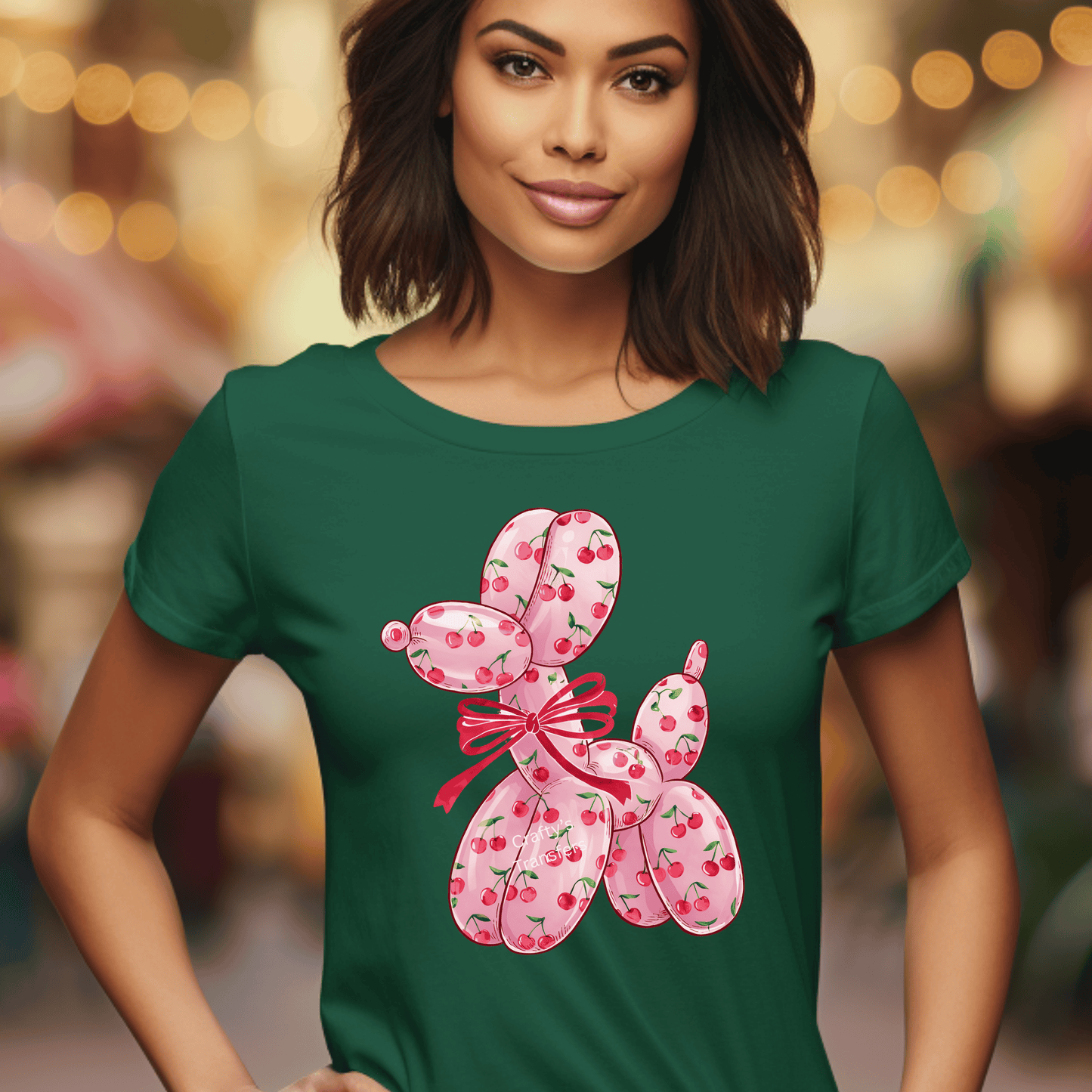 Pink Cherry Balloon Dog DTF Transfer | Cute Coquette Cherry Print Heat Transfer for Shirts & Sweatshirts