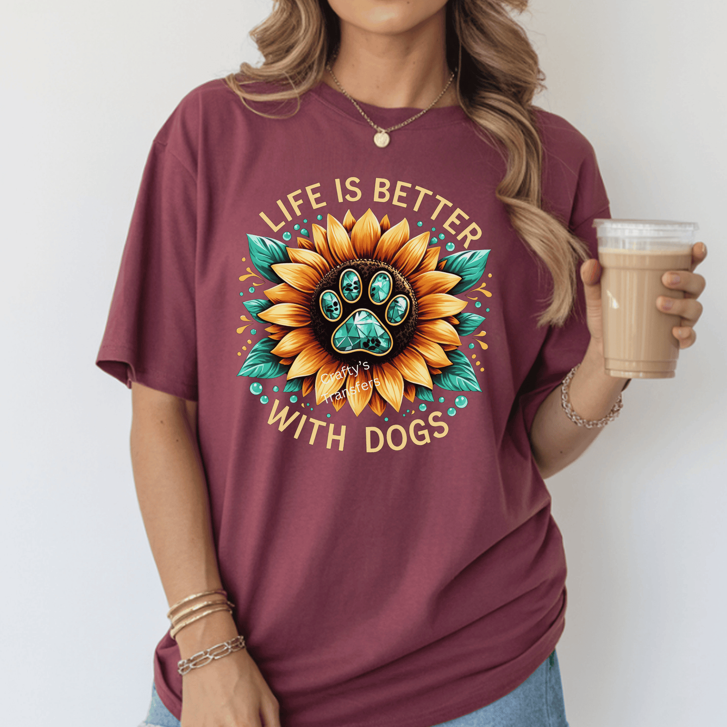 Life Is Better With Dogs DTF Transfer | Sunflower Paw Print Dog Lover Heat Transfer for Shirts