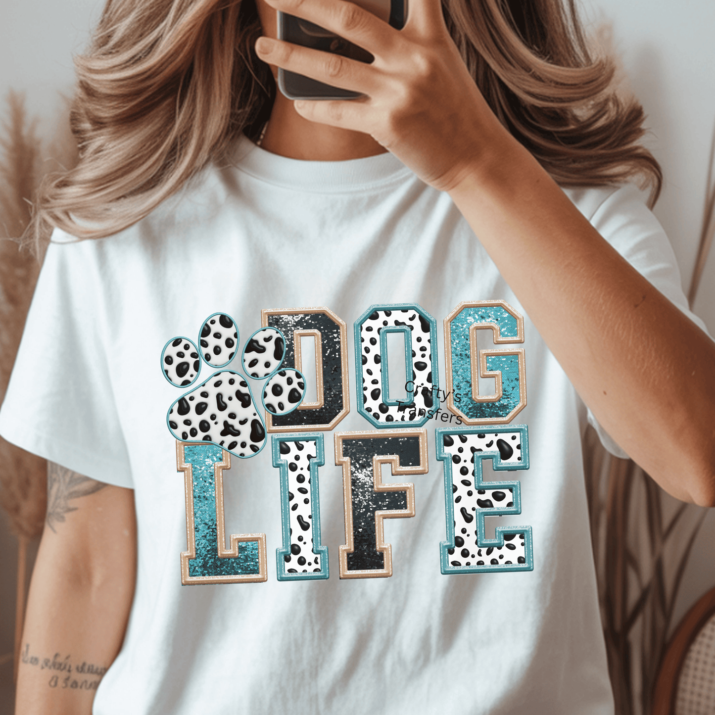 Dog Life DTF Transfer | Teal Cow Print Paw Glitter Heat Transfer for Dog Lover Shirts