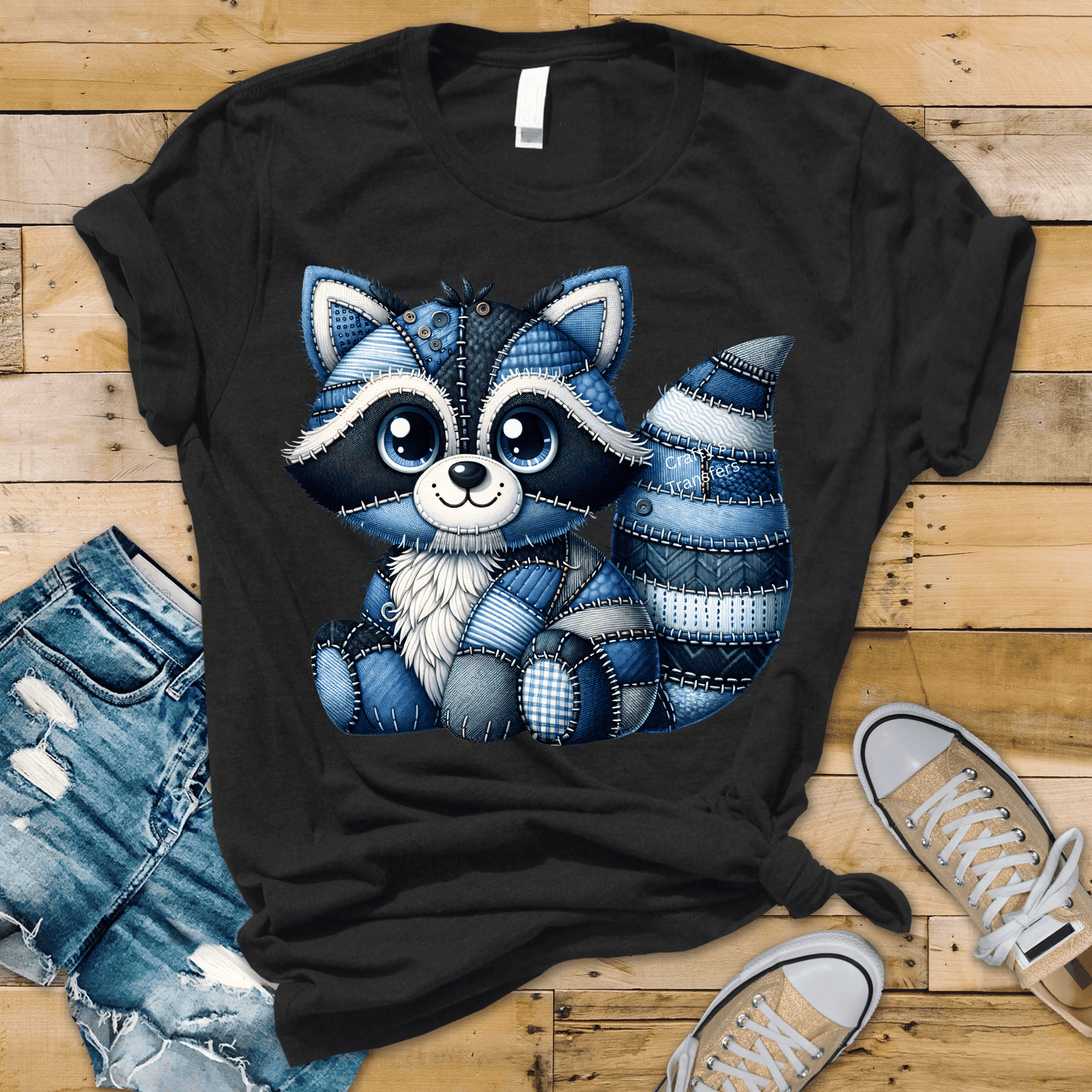 Denim Patchwork Raccoon DTF Transfer | Cute Raccoon Shirt Transfer | Blue Denim Animal DTF Print