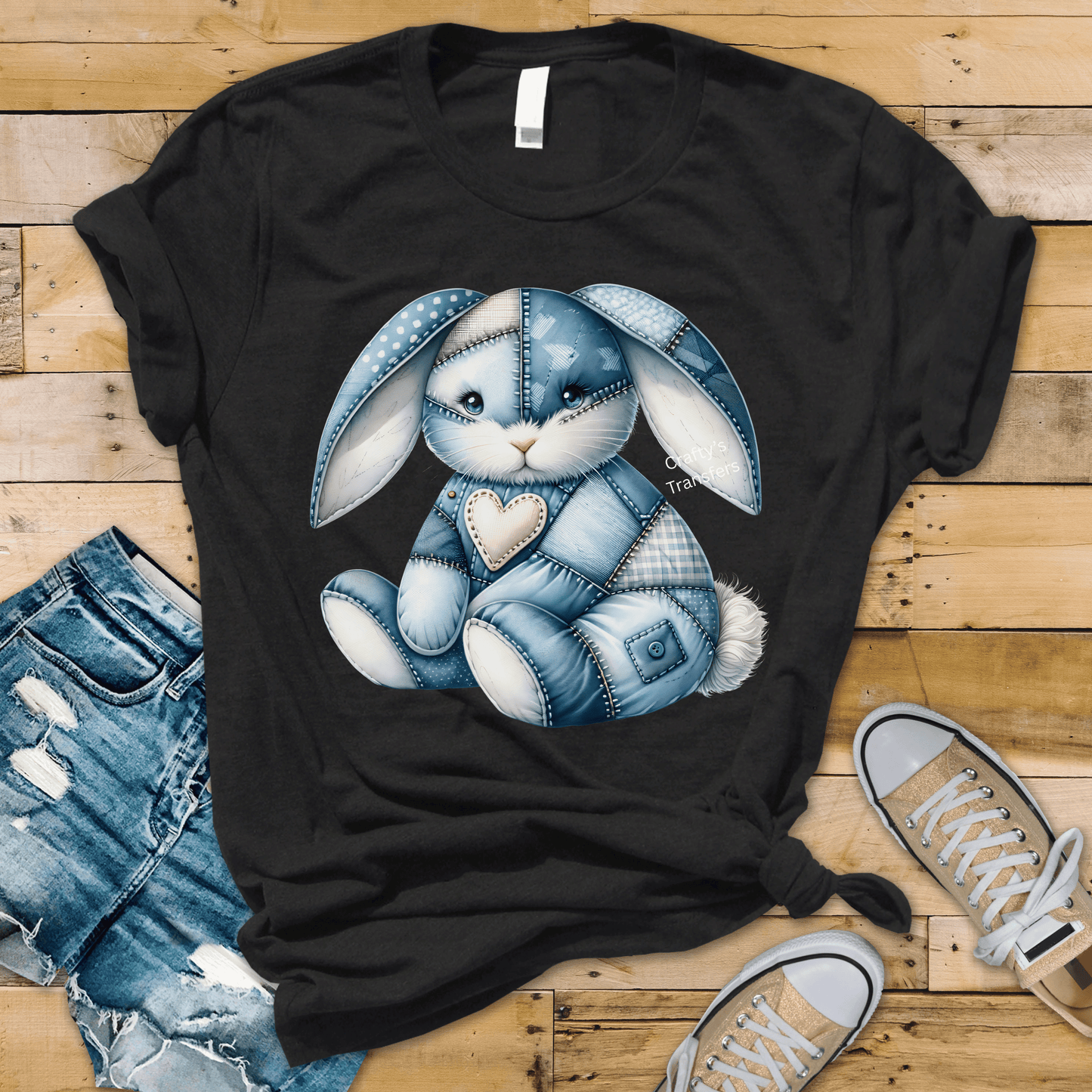Denim Patchwork Bunny DTF Transfer | Cute Blue Bunny Shirt Transfer | Kids Easter Bunny DTF Print