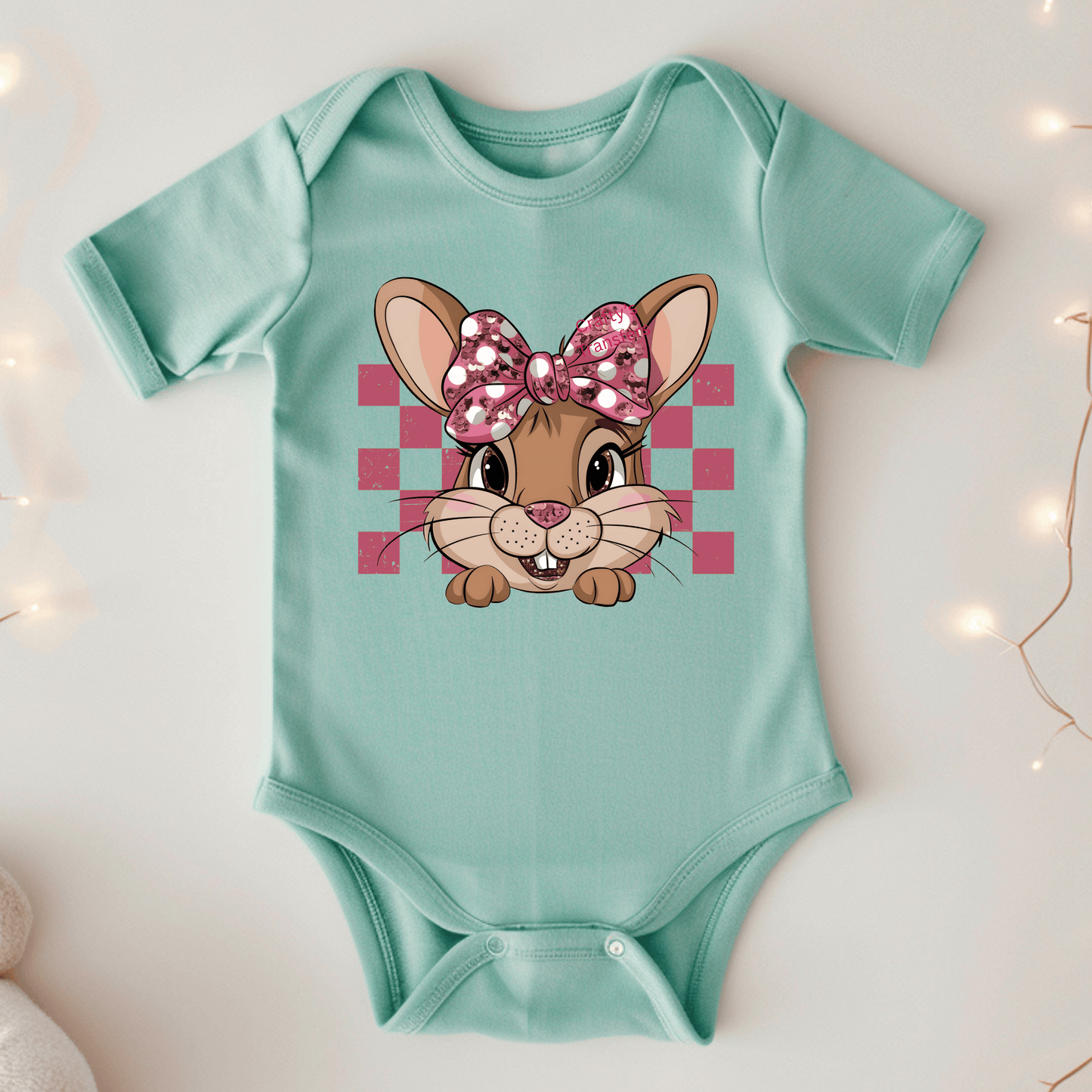 Pink Gingham Bunny DTF Transfer | Cute Easter Bunny with Sequin Bow | Girl Bunny Shirt Transfer