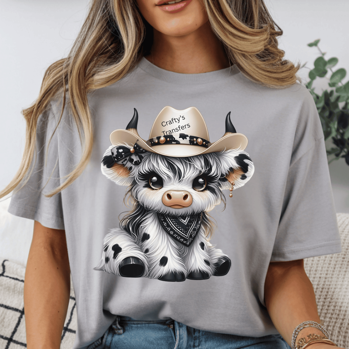 Blonde Highland Cow DTF Transfer | Cute Western Cow with Cowboy Hat | Trendy Boutique Shirt Design