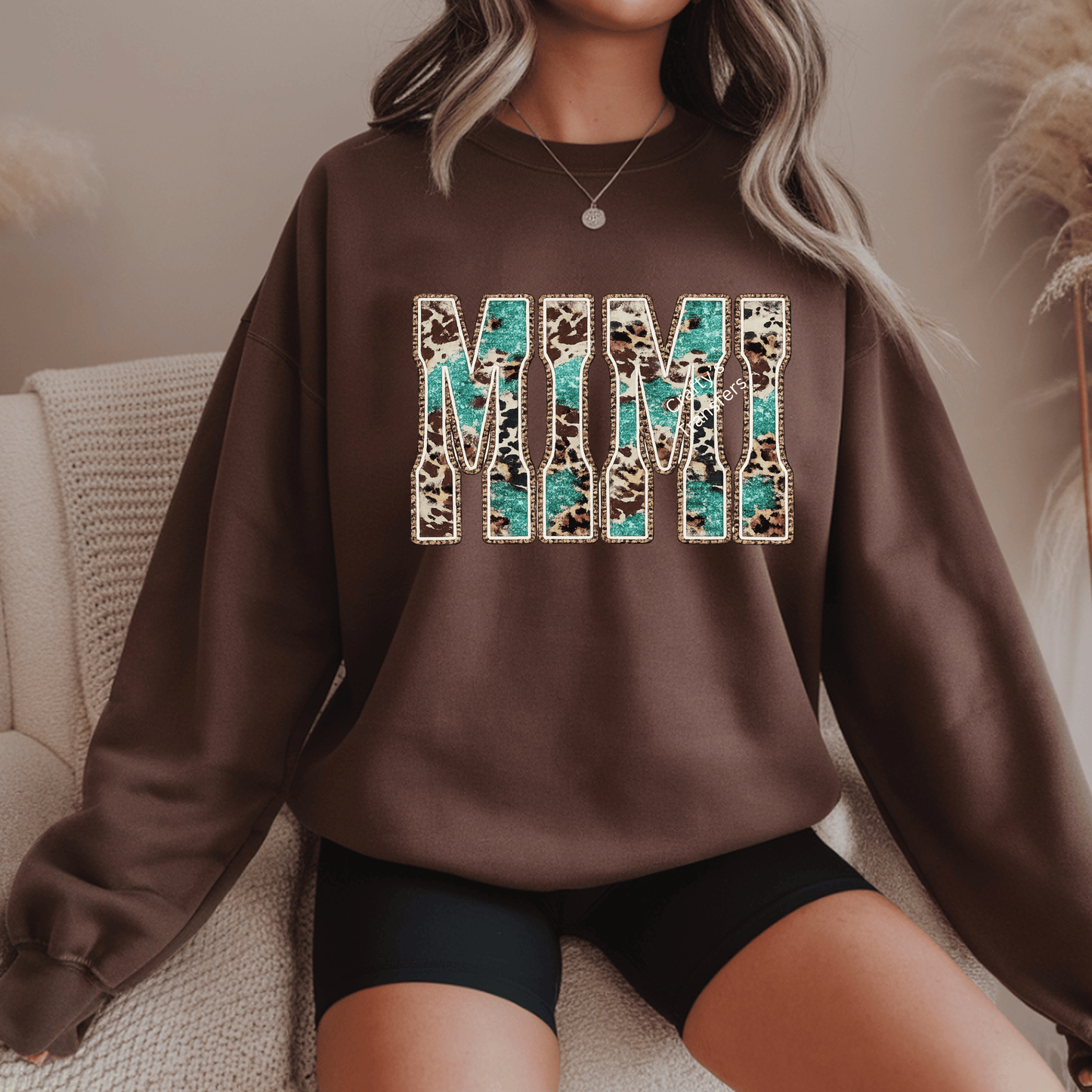 Western Teal Cowhide Mama Mimi Nana DTF Transfer | Leopard & Turquoise Block Letter Heat Transfer | Ready to Press