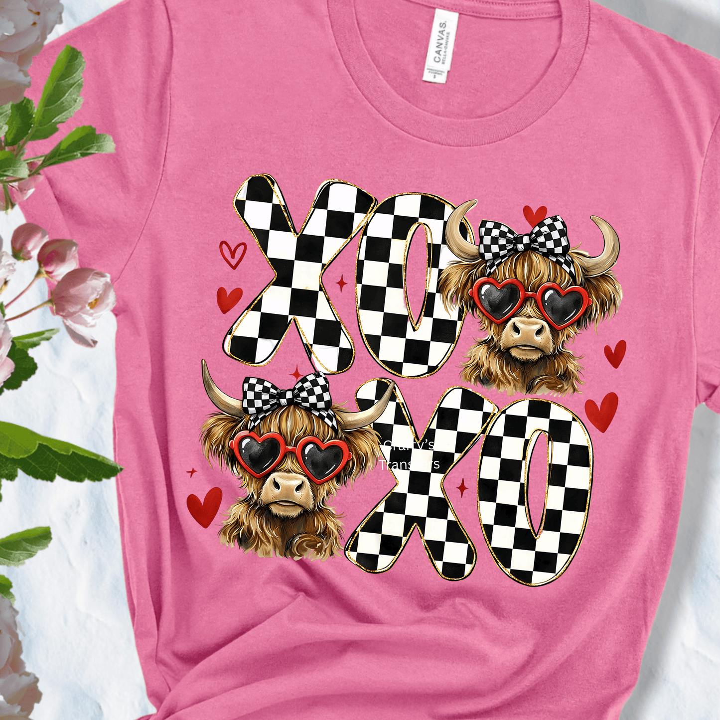 XOXO Highland Cow DTF Transfer | Cute Valentine Cow Heat Transfer | Ready to Press