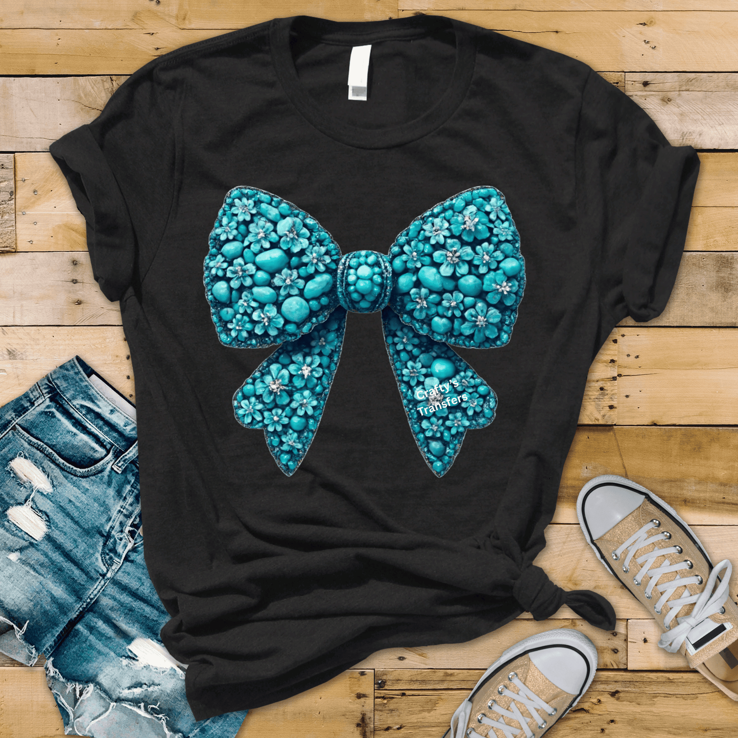 Teal Turquoise Floral Bow DTF Transfer | Western Boutique Bow Heat Transfer