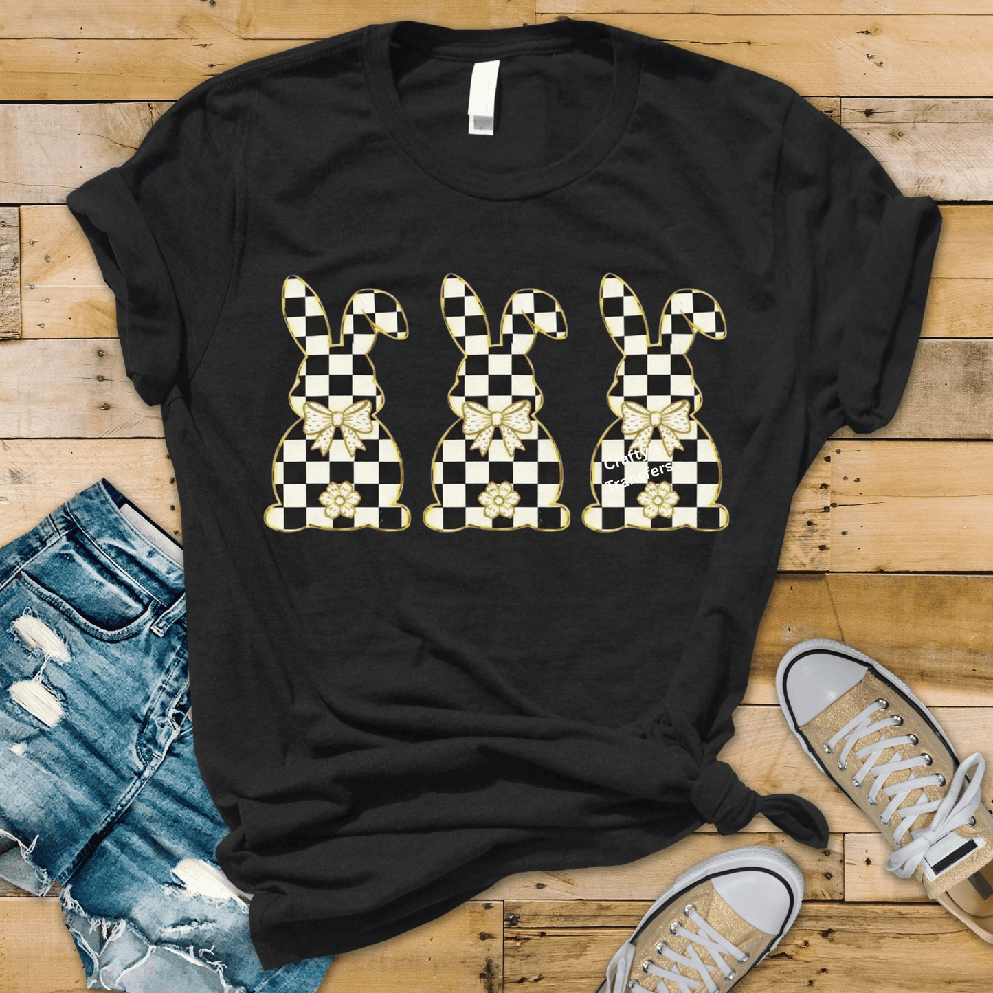 Checkered Bunny Trio DTF Transfer – Black and White Plaid Easter Rabbits with Gold Bow – Trendy Spring Shirt Graphic