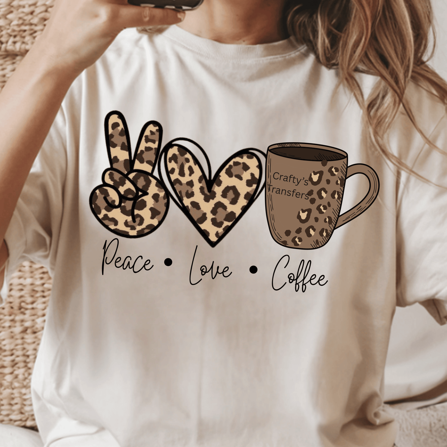 Leopard Peace Love Coffee DTF Transfer – Cheetah Print Retro Coffee Lover Shirt Design – Ready to Press Heat Transfer