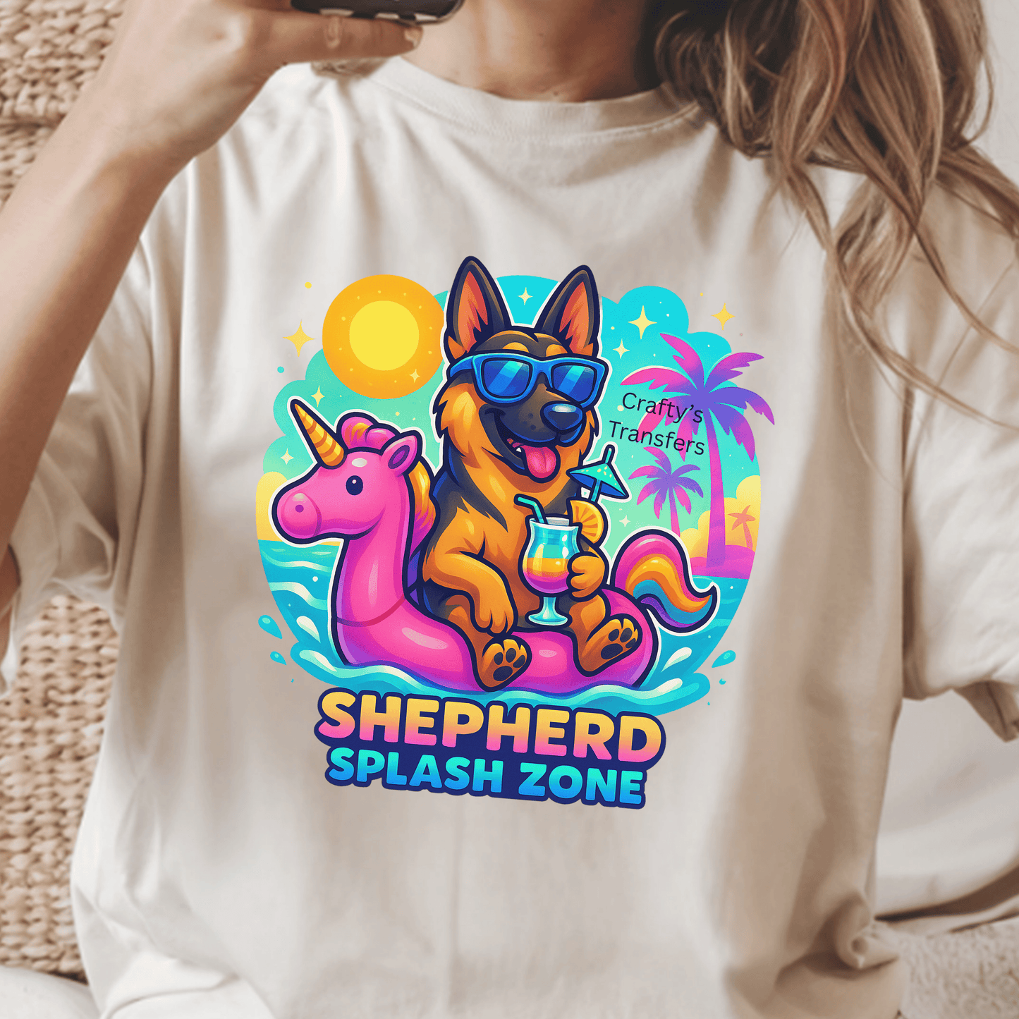 Shepherd Splash Zone DTF Transfer | Funny German Shepherd Summer Graphic | Unicorn Pool Float Dog Shirt Design | Ready to Press Heat Transfer