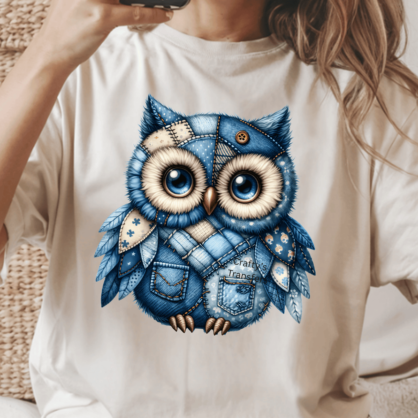 Denim Patchwork Owl DTF Transfer – Blue Jean Western Owl Shirt Design – Cute Boutique Ready to Press Tee Transfer