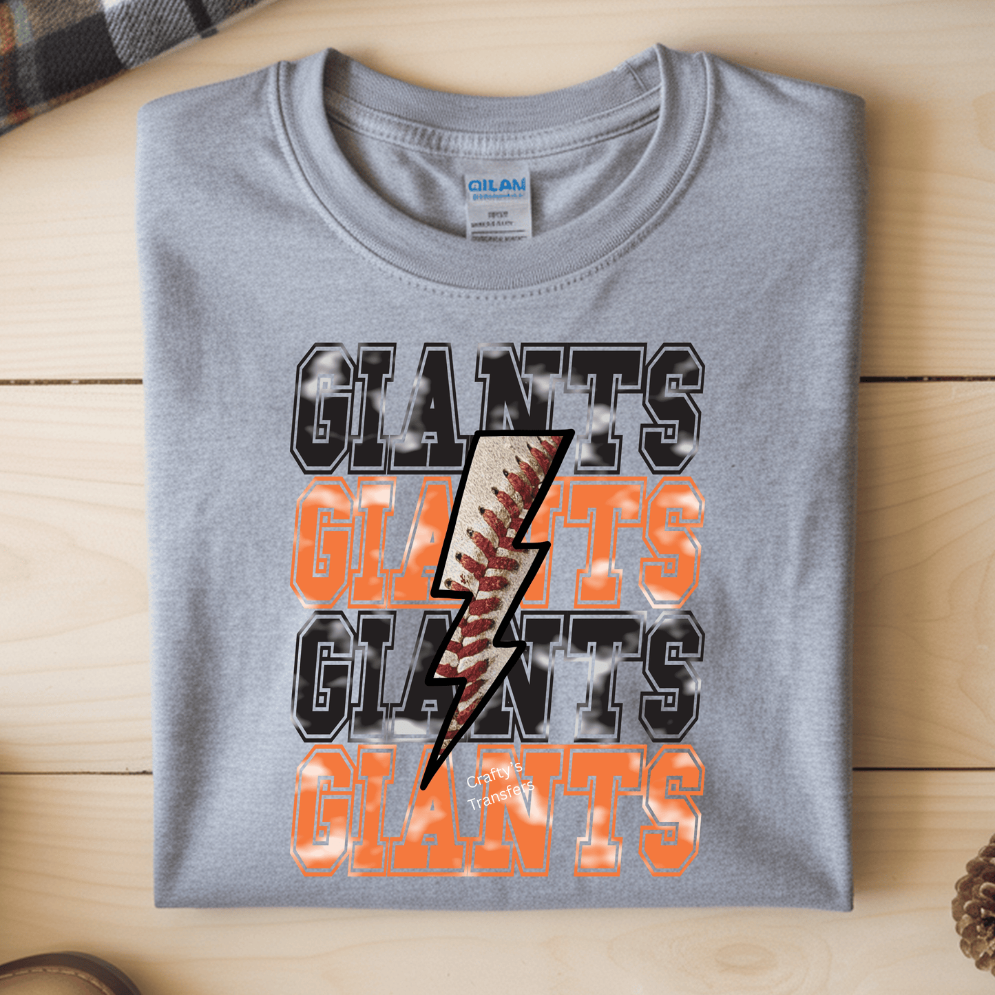 Giants Softball DTF Transfer β Lightning Bolt Baseball Stitch Design β Orange Black Team Spirit Ready to Press Heat Transfer