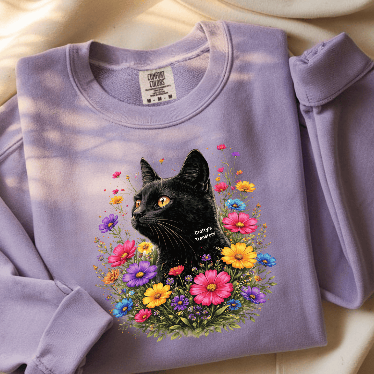 Black Cat Floral DTF Transfer β Colorful Wildflower Cat Shirt Design β Ready to Press
