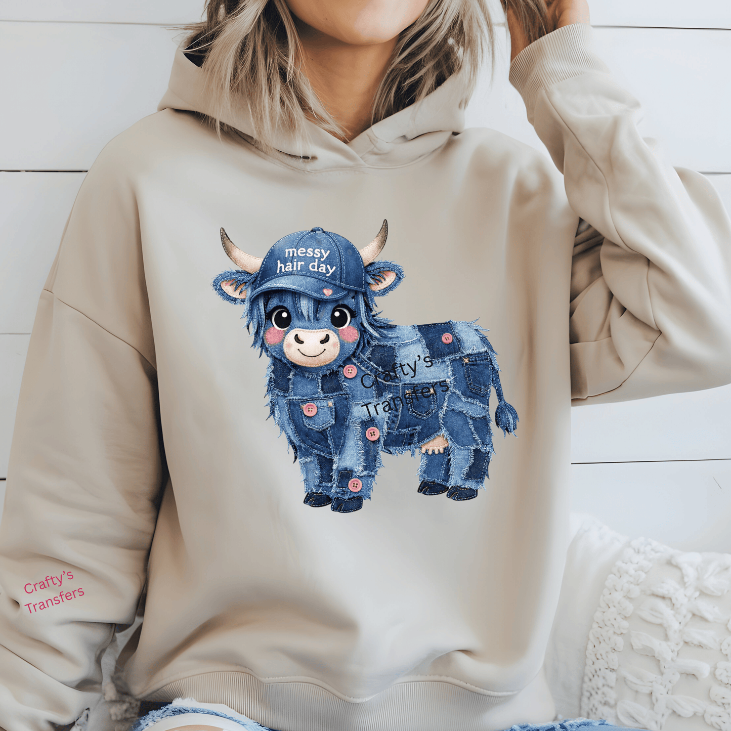 Messy Hair Day Highland Cow DTF Transfer – Denim Patchwork Cow Shirt Design – Cute Western Boutique Heat Press Transfer – Ready to Press