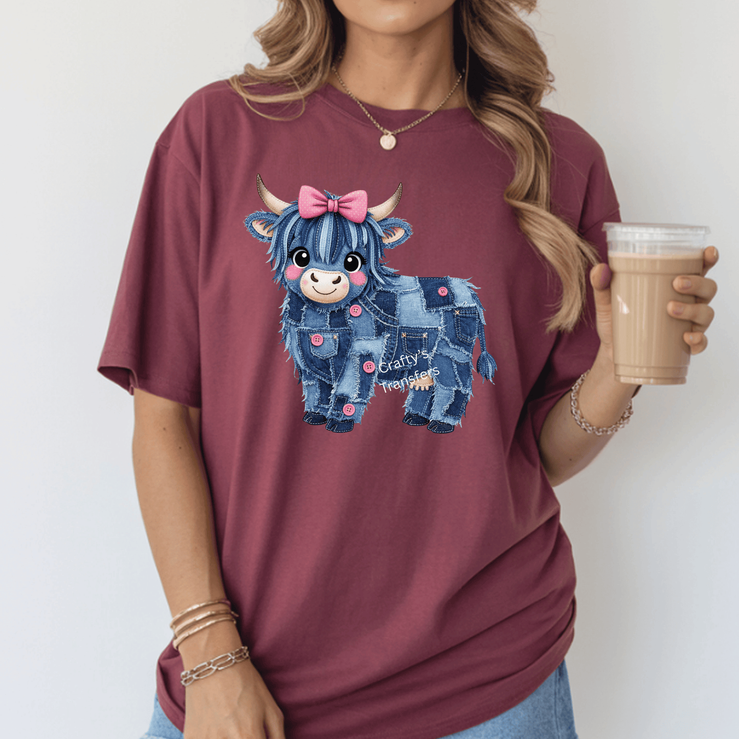 Pink Bow Highland Cow DTF Transfer – Denim Patchwork Cow Shirt Design – Cute Girly Western Heat Press Transfer – Ready to Press