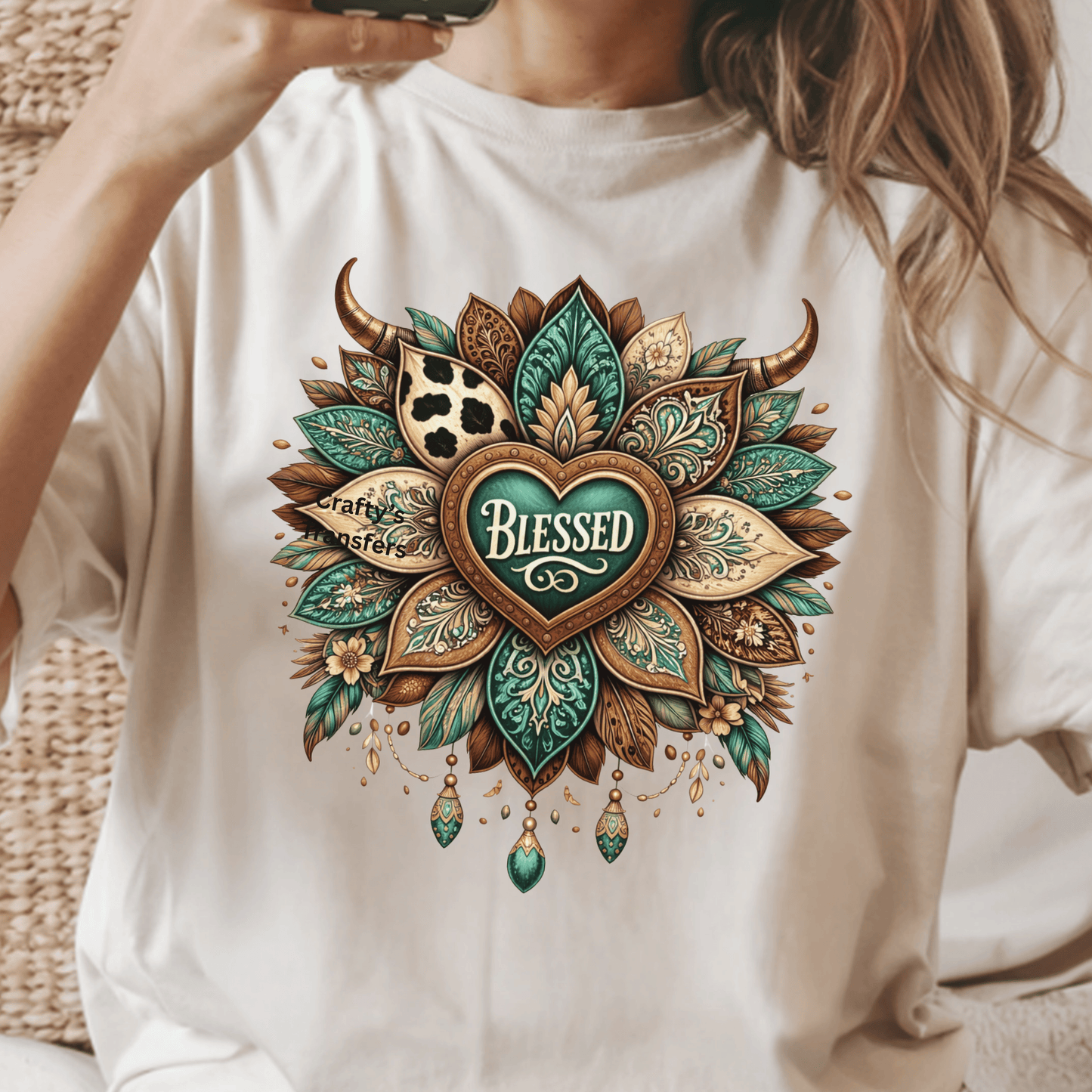 Western Blessed Heart DTF Transfer – Teal & Bronze Boho Floral Faith Shirt Design – Rustic Boutique Heat Press Transfer – Ready to Press