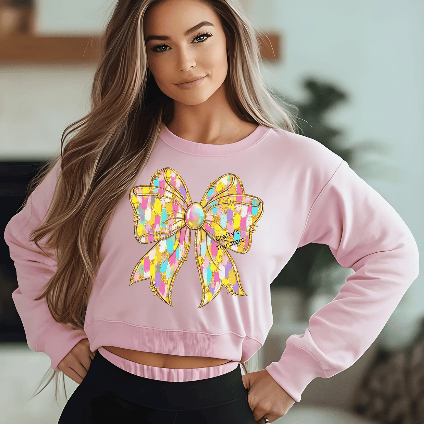 Pastel Easter Bow DTF Transfer – Gold Glitter Brushstroke Spring Bow Shirt Design – Colorful Boutique Heat Press Transfer – Ready to Press