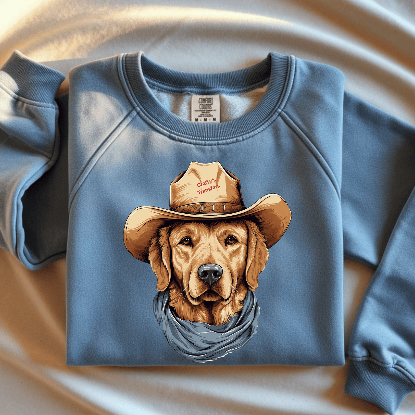 Cowboy Golden Retriever DTF Transfer – Western Dog Graphic with Hat & Bandana – Rustic Country Transfer for Shirts