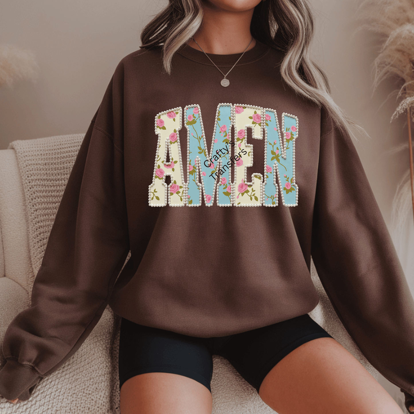 Floral Amen DTF Transfer – Blue & Pink Vintage Rose with Pearl Outline – Christian Faith Shirt Design – Ready to Press