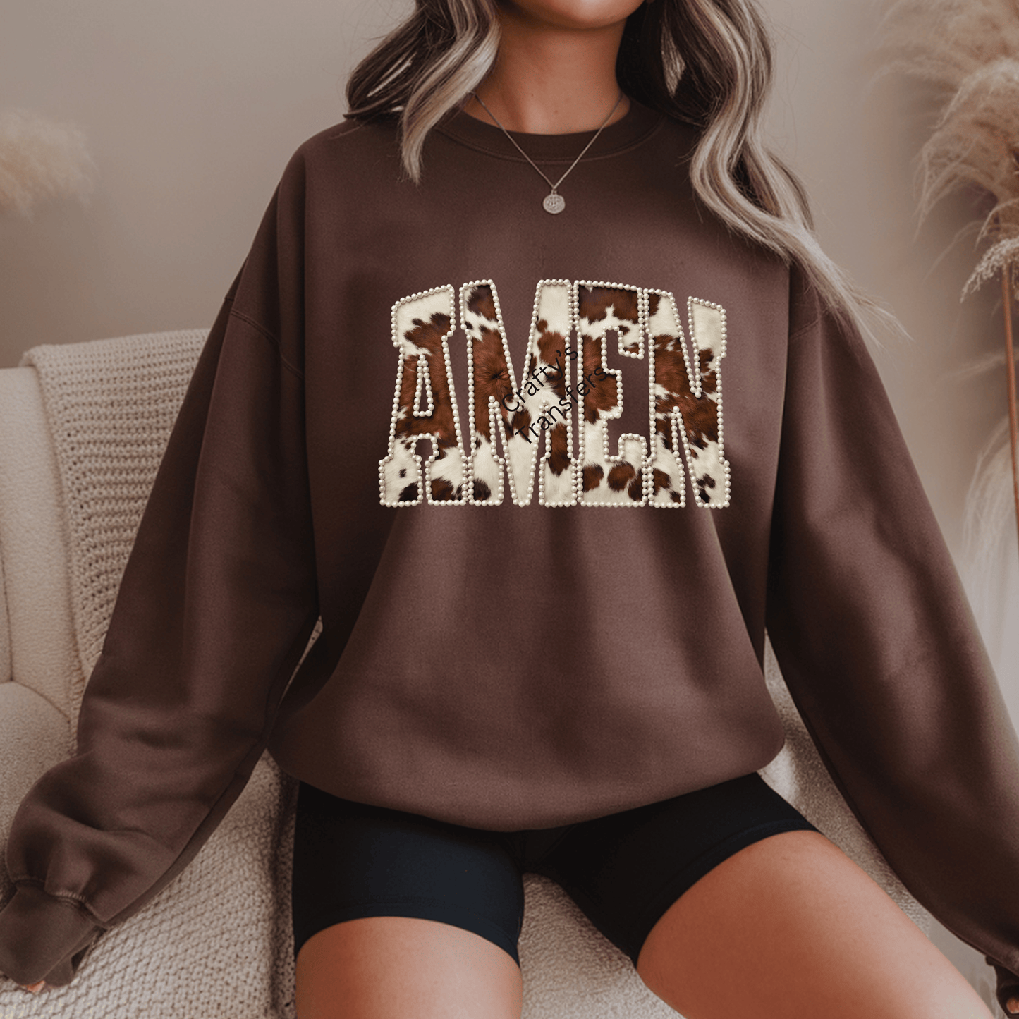 Western Cowhide Amen DTF Transfer – Brown & White Cow Print with Pearl Outline – Trendy Western Amen Shirt Design – Ready to Press