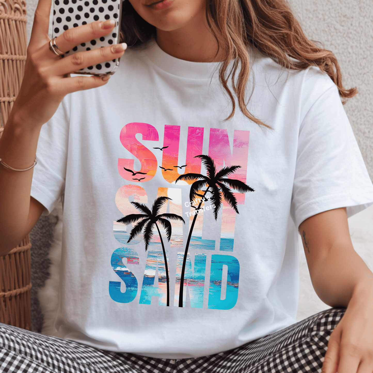 Sun Salt Sand DTF Transfer – Bold Stacked Beach Typography with Black Palm Silhouettes – Retro Sunset Ocean Design – Ready to Press
