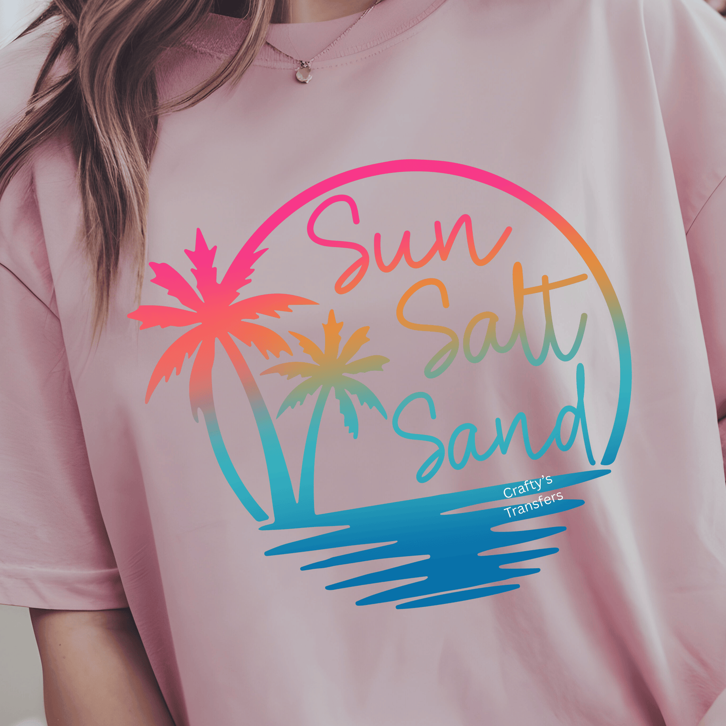 Sun Salt Sand DTF Transfer – Retro Neon Sunset Palm Tree Design – Summer Beach Shirt Graphic – Ready to Press