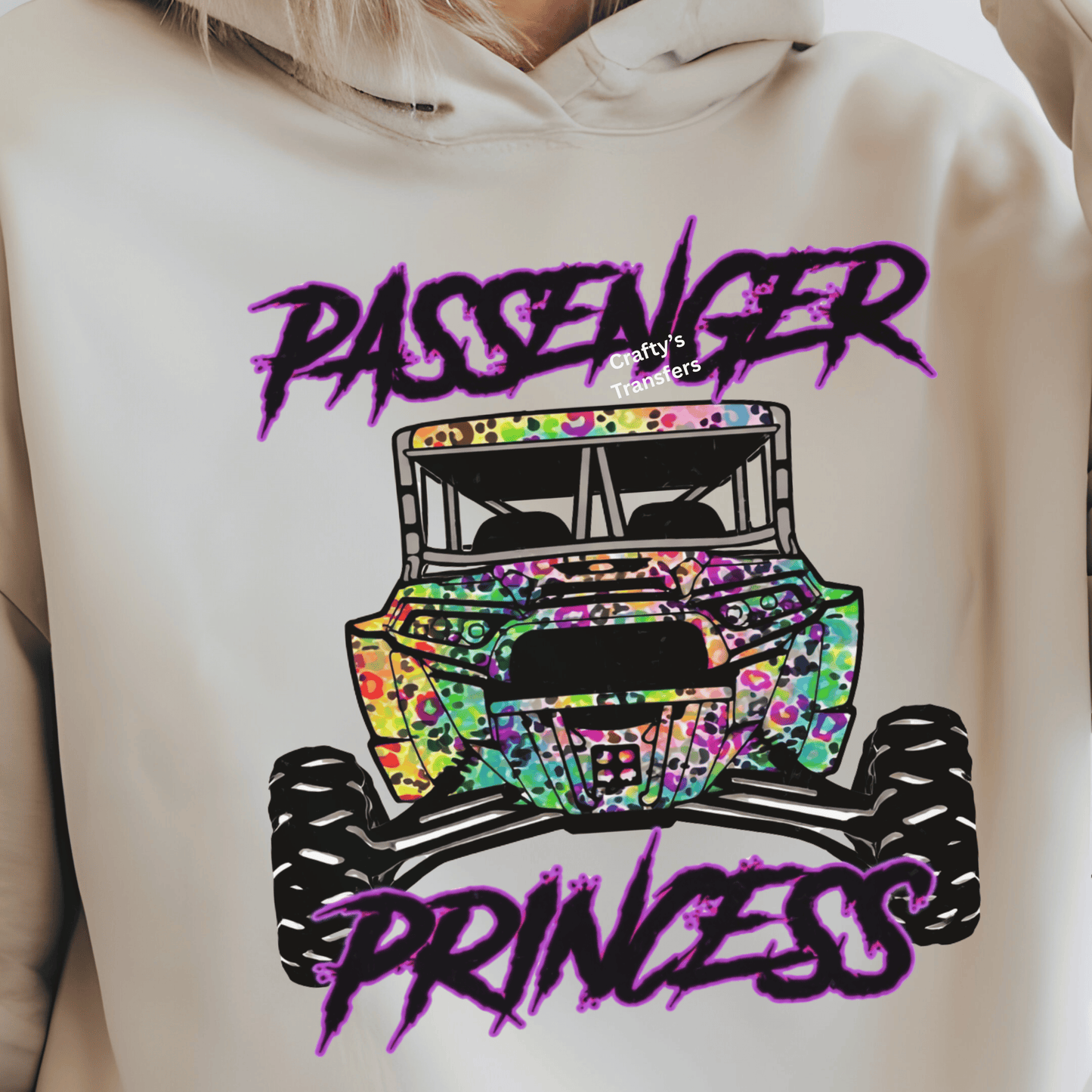 Passenger Princess Purple UTV DTF Transfer β Neon Leopard Side by Side ATV Graphic β Off Road Girl Shirt Design