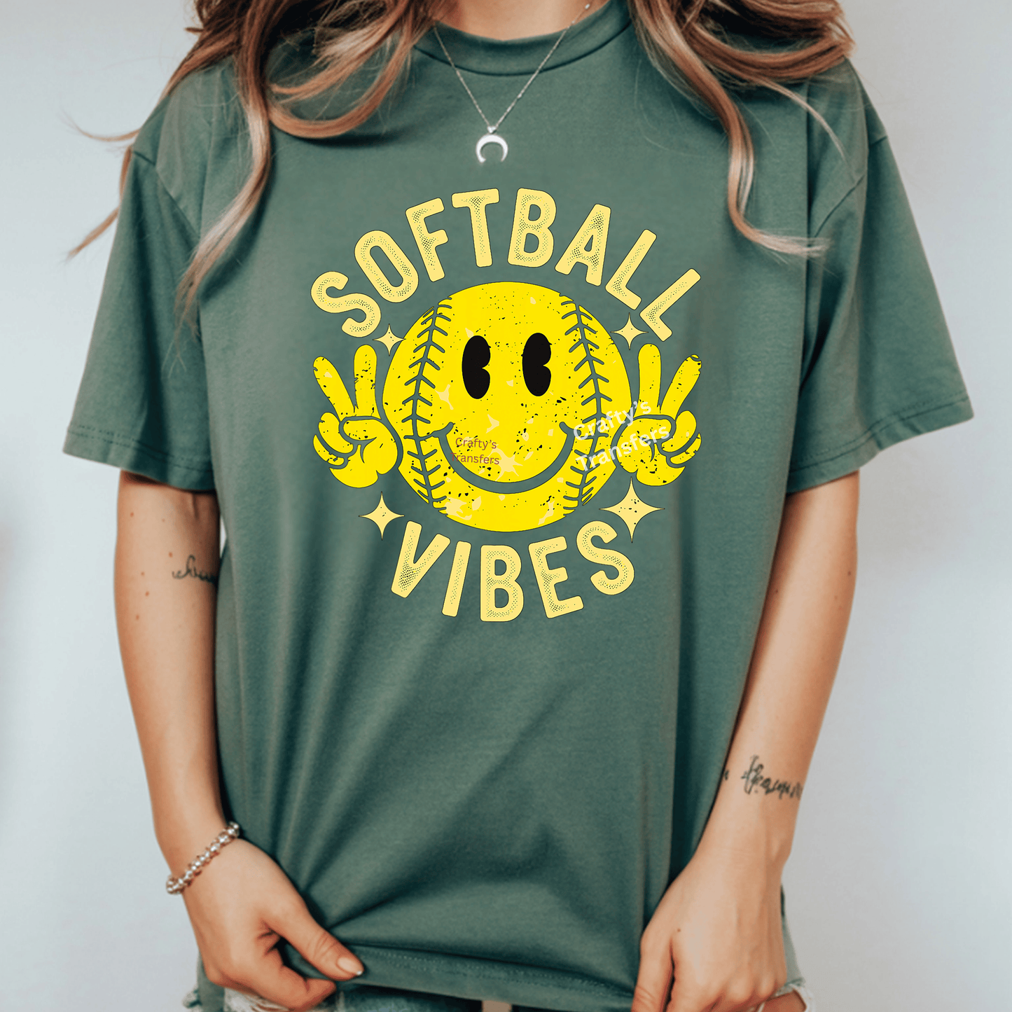Softball Vibes DTF Transfer – Smiley Face Softball Peace Sign – Retro Softball Mom Heat Press Transfer