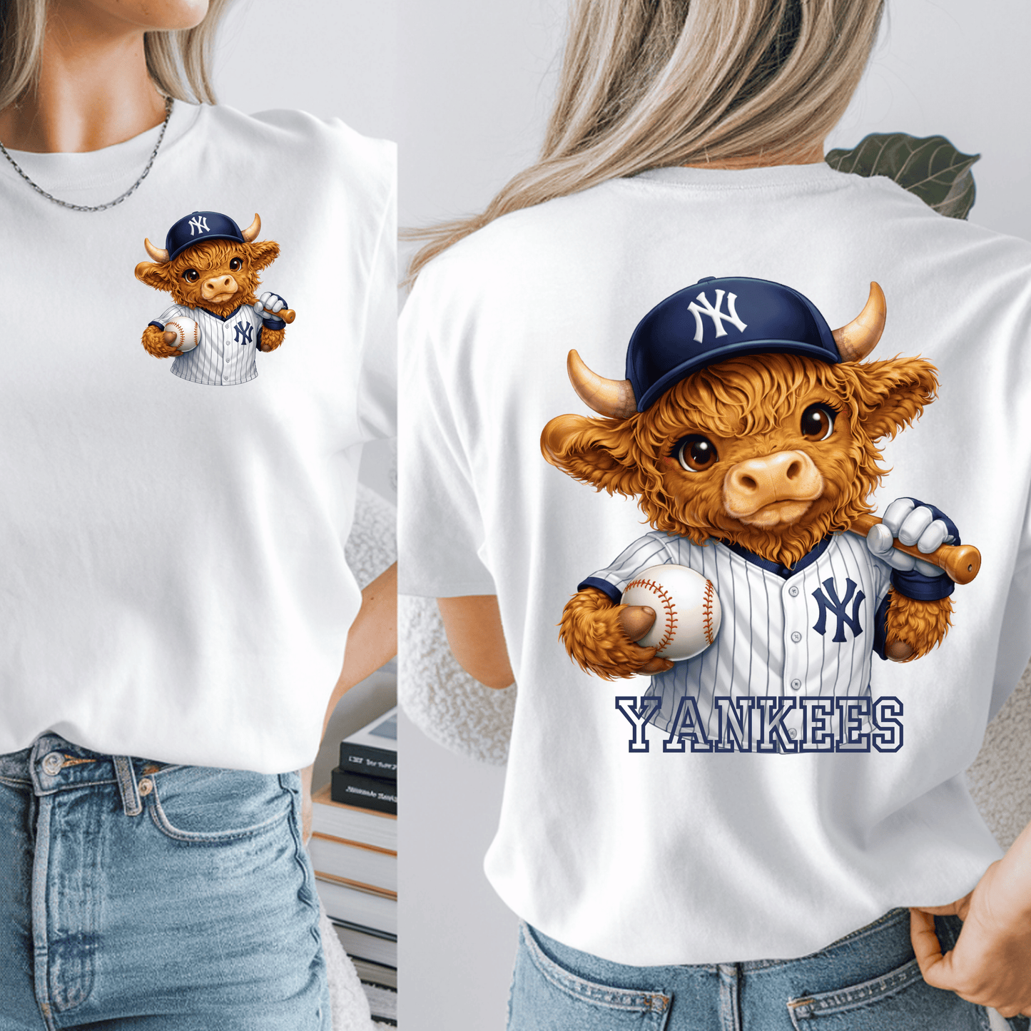 Cute Highland Cow Yankees Baseball DTF Transfer | Yankees Inspired Baseball Cow Shirt Transfer | Sports Fan Heat Press Transfer