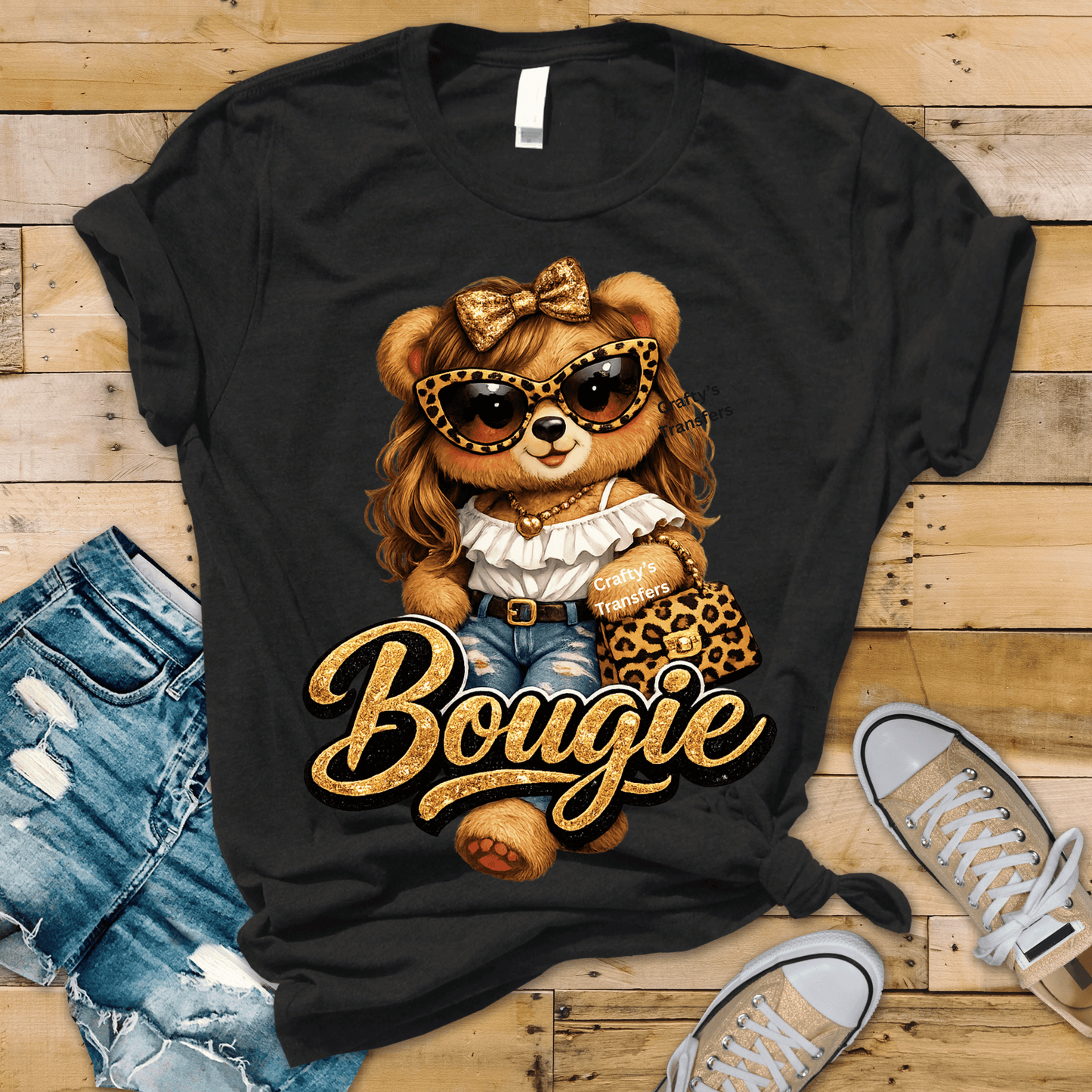Bougie Bear DTF Transfer | Leopard Sunglasses Glam Teddy Bear Shirt Transfer | Trendy Bougie Girl Graphic Heat Press Transfer