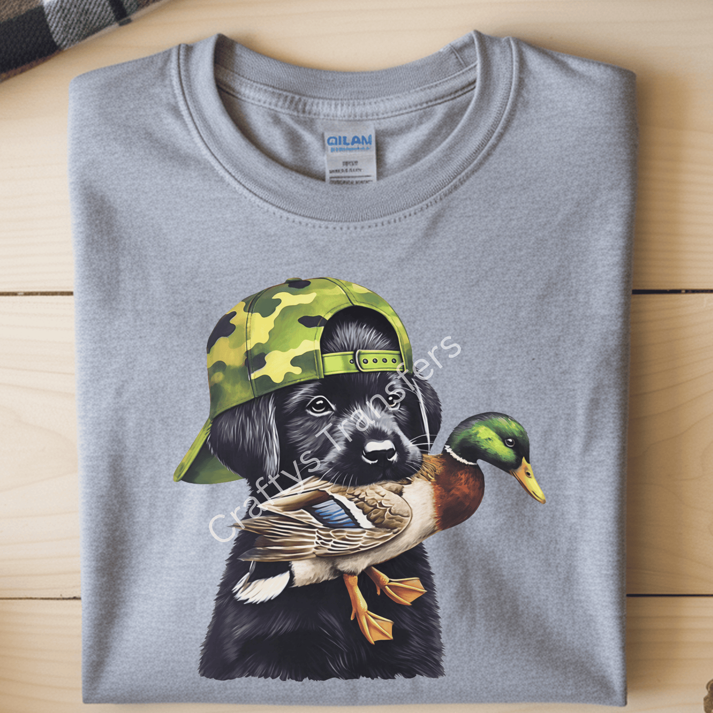 Duck Hunting Lab Puppy DTF Transfer | Camo Hat Labrador Retriever with Mallard Duck | Hunting Dog Graphic Heat Press Transfer