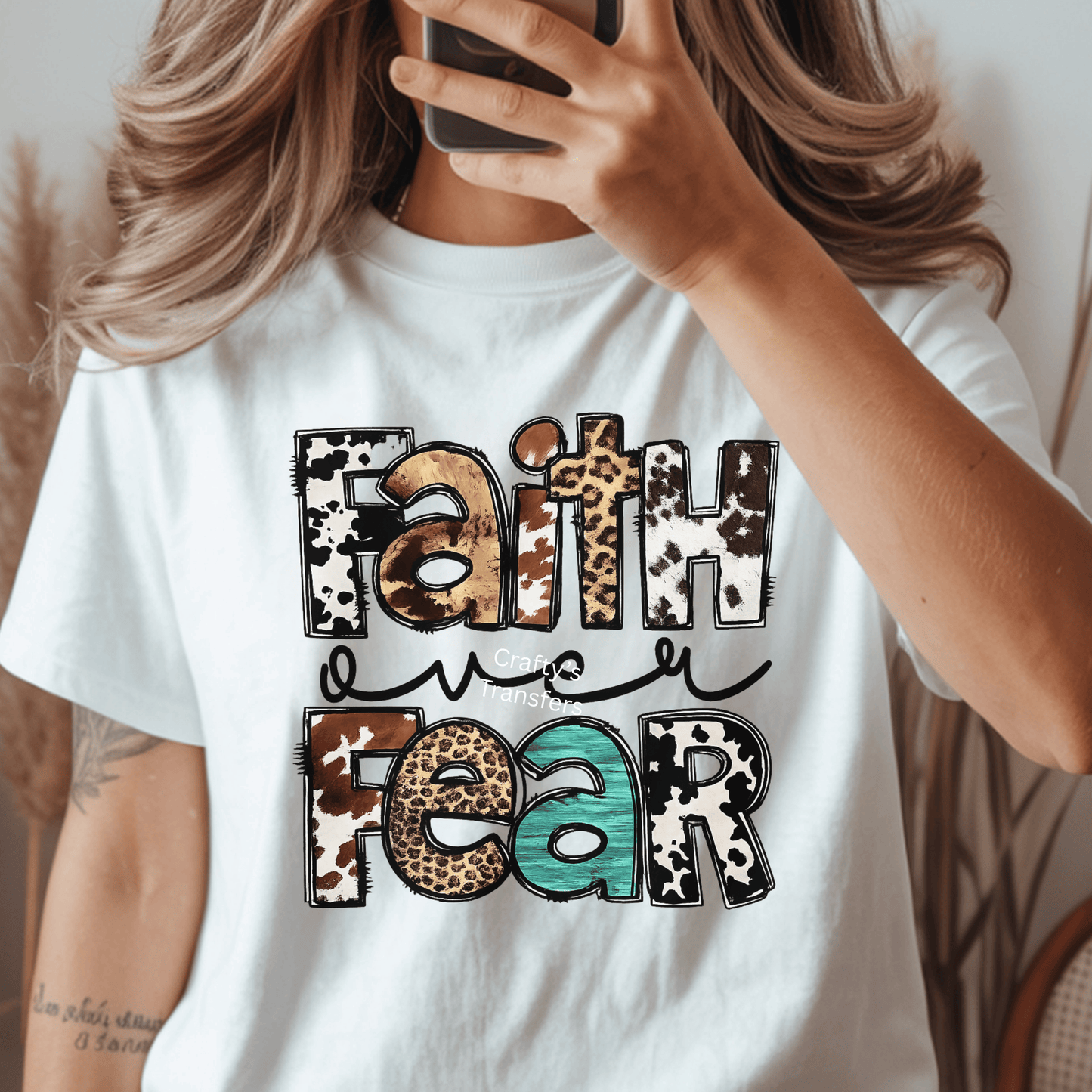 Faith Over Fear Western DTF Transfer | Christian Cow Print & Turquoise Graphic | Boutique Faith Shirt Heat Press Transfer