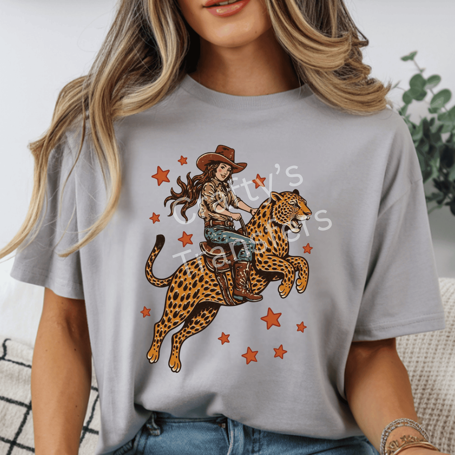 Cowgirl Riding Leopard DTF Transfer | Western Cowgirl Graphic | Retro Rodeo Heat Press Shirt Transfer