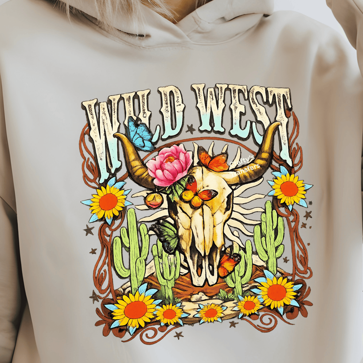 Wild West Cow Skull DTF Transfer | Western Desert Skull Cactus Shirt Design | Cowgirl Boho Western Graphic Tee | Boutique Country Apparel