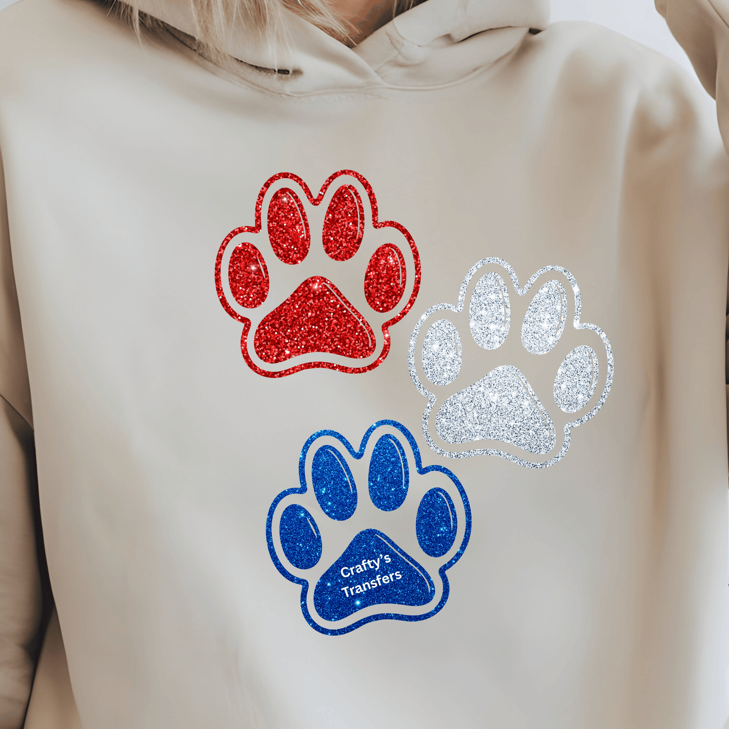 Glitter Paw Print DTF Transfer | Red White Blue Paw Prints Shirt Design | Dog Lover Graphic Tee Transfer | Pet Lover Apparel Print