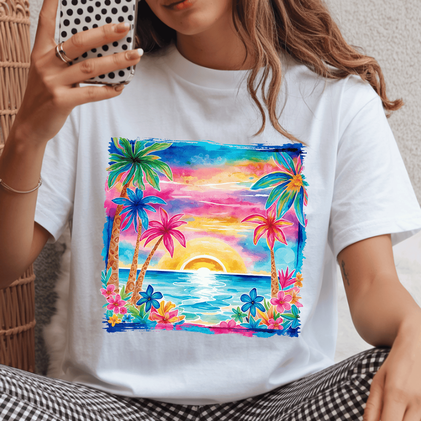 Tropical Sunset Watercolor DTF Transfer | Colorful Beach Palm Tree Shirt Design | Summer Vacation Graphic Tee | Coastal Paradise Apparel Transfer