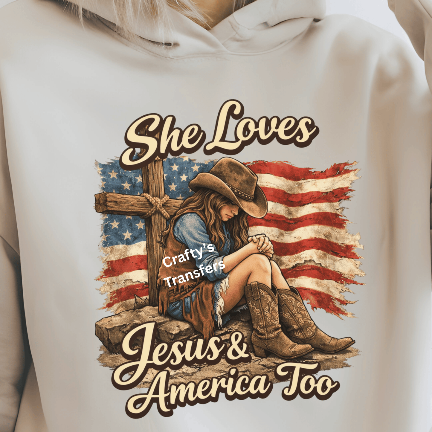 She Loves Jesus & America Too DTF Transfer – Patriotic Cowgirl Christian Graphic – Western Faith Shirt Transfer – Americana Boutique Design