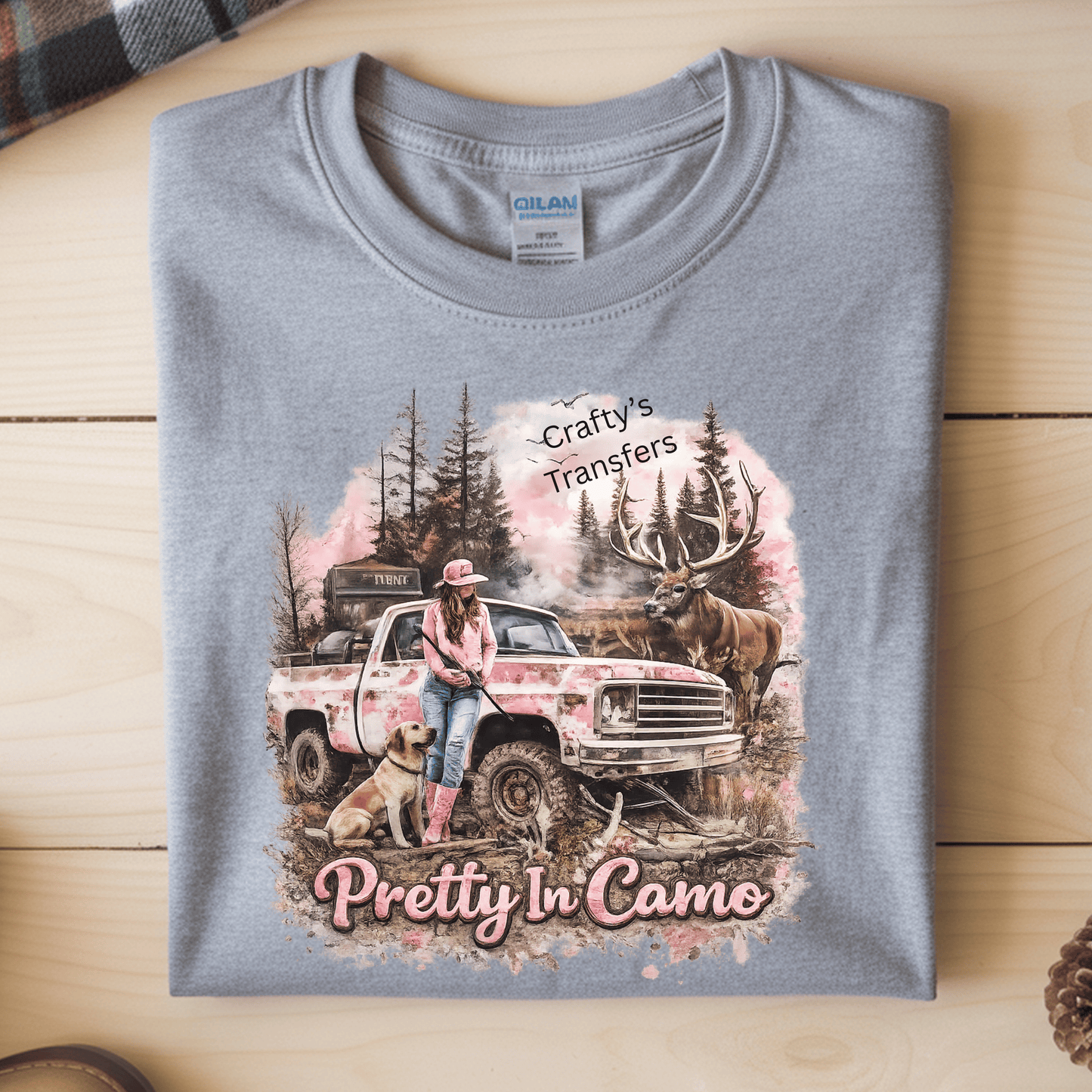 Pretty In Camo DTF Transfer – Pink Hunting Girl Shirt Transfer – Deer Truck Country Graphic Heat Press Design
