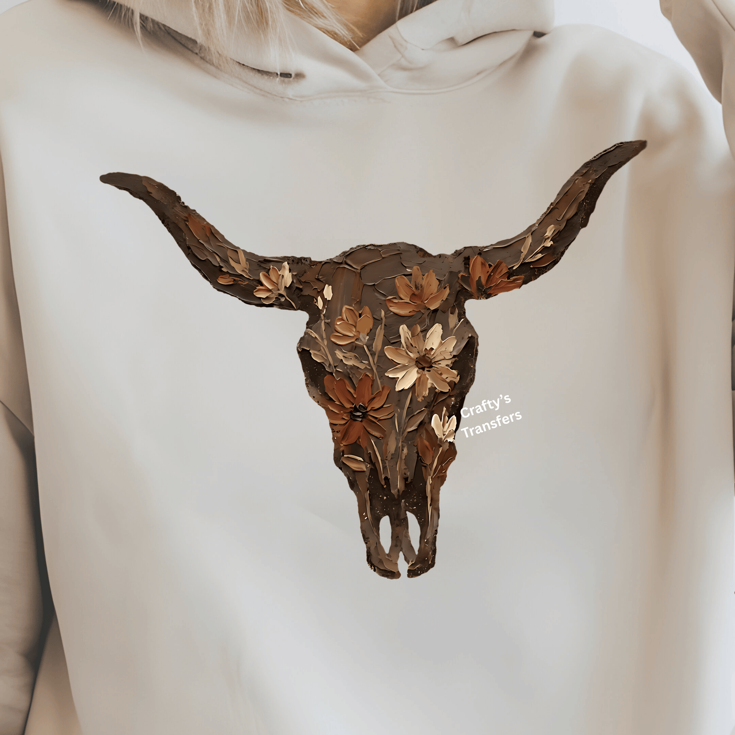 Floral Steer Skull DTF Transfer – Rustic Western Cow Skull Heat Press Transfer – Boho Ranch Boutique Shirt Design