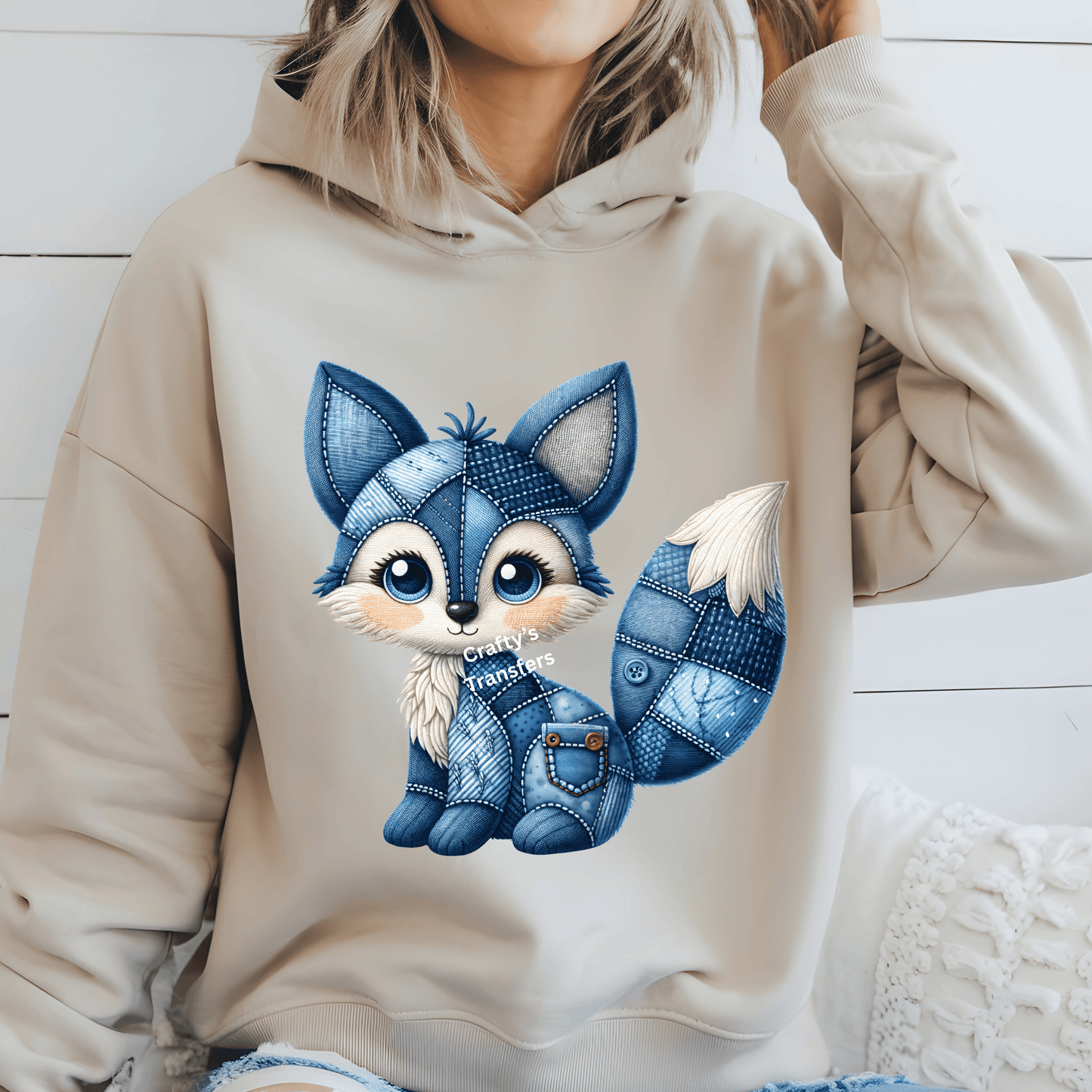 Blue Denim Patchwork Fox DTF Transfer | Cute Kawaii Fox with Big Eyes | Rustic Western Denim Animal Shirt Design | Boutique Kids & Mama Transfer