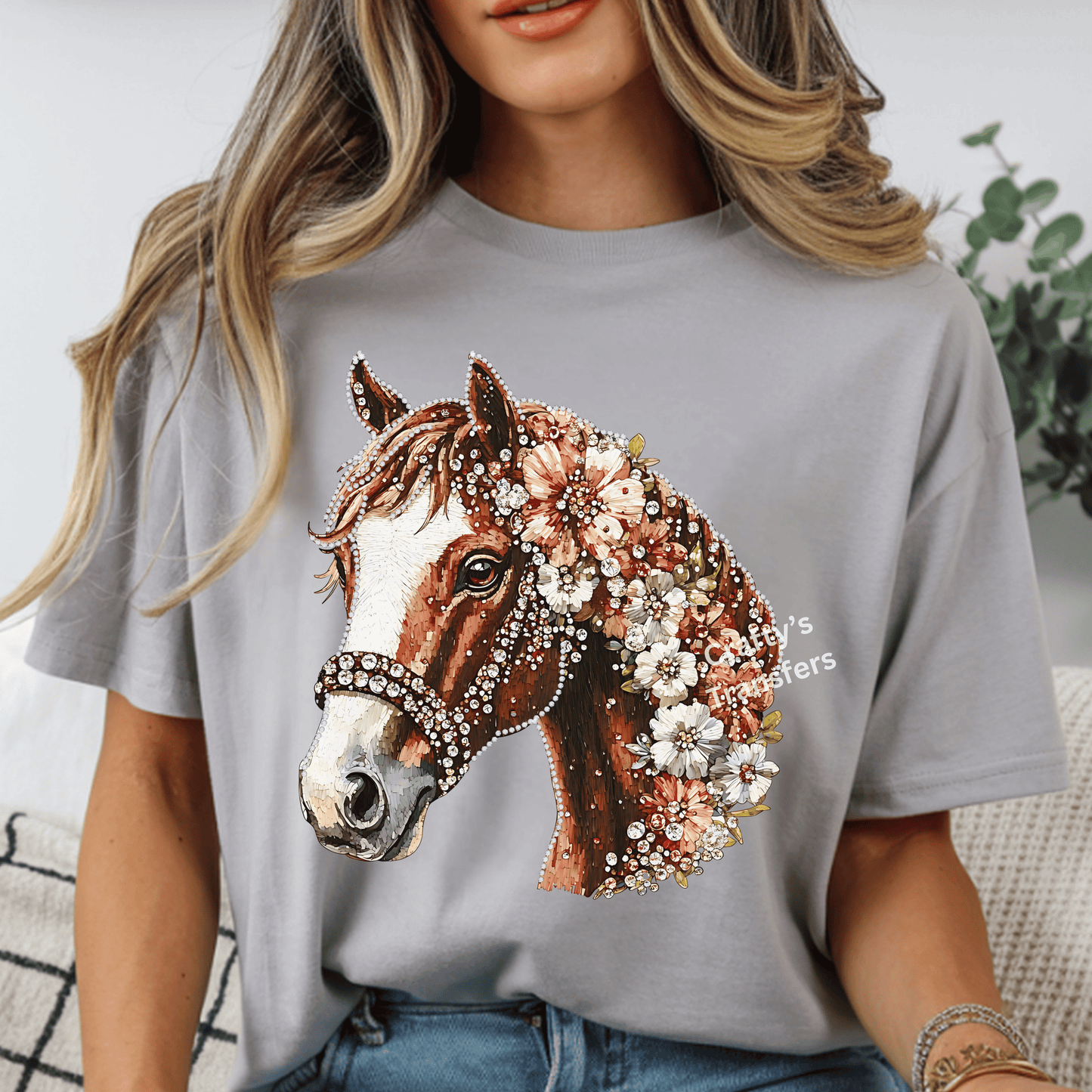 Bling Floral Horse DTF Transfer | Sparkly Western Horse with Flowers | Rhinestone Style Cowgirl Shirt Design | Boutique Rodeo Graphic