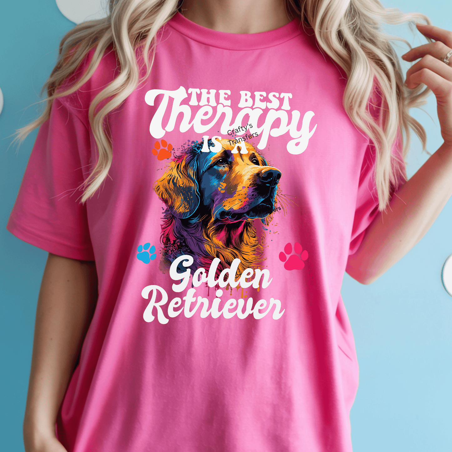 Golden Retriever Therapy Dog DTF Transfer | Colorful Dog Mom Shirt Design | “The Best Therapy is a Golden Retriever” Graphic | Pet Lover Transfer