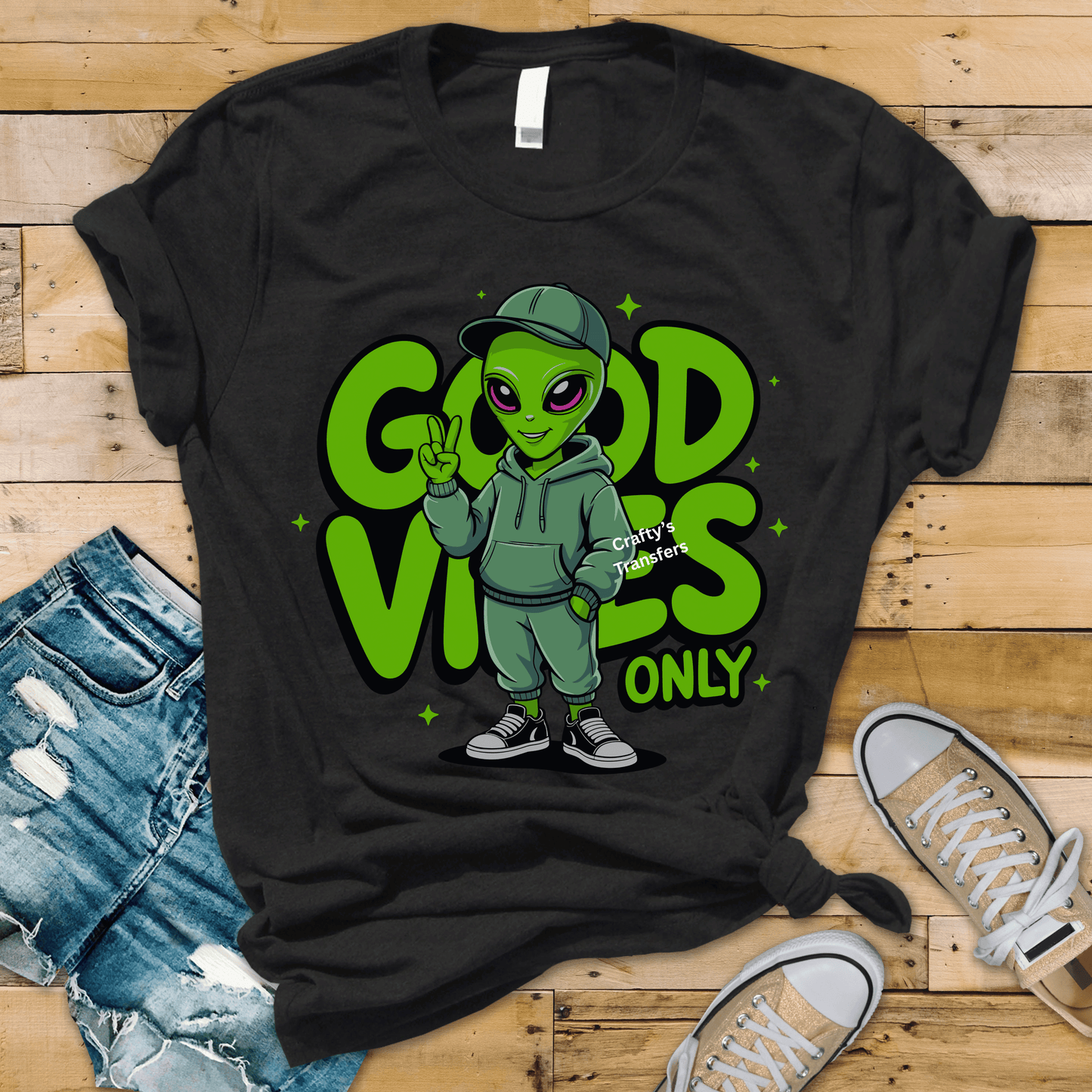 Good Vibes Only Alien DTF Transfer | Cute Green Alien Graphic | Trendy Positive Vibes Shirt Design | Aesthetic Streetwear Transfer | Ready to Press
