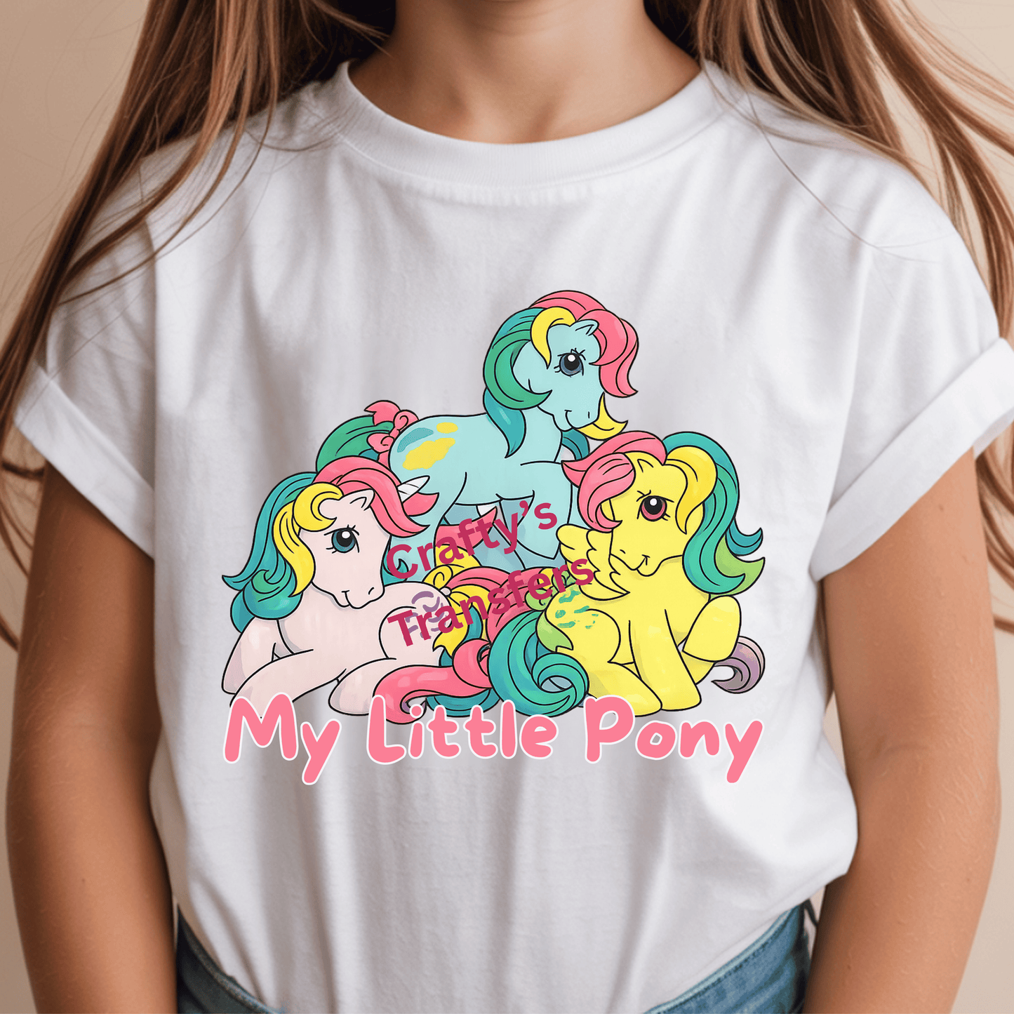 Cute Pastel Pony Trio DTF Transfer | Rainbow Pony Cartoon Design | Kids Shirt Transfer | Kawaii Pony Graphic | Sublimation Style DTF Print