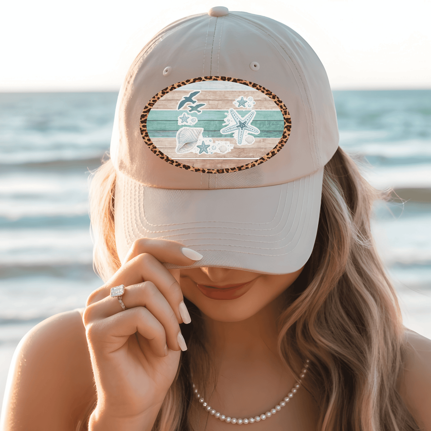 Coastal Seashell Oval Hat Patch DTF Transfer | Beach Starfish Shell Trucker Hat Design | Teal Wood Stripe Leopard Border Patch