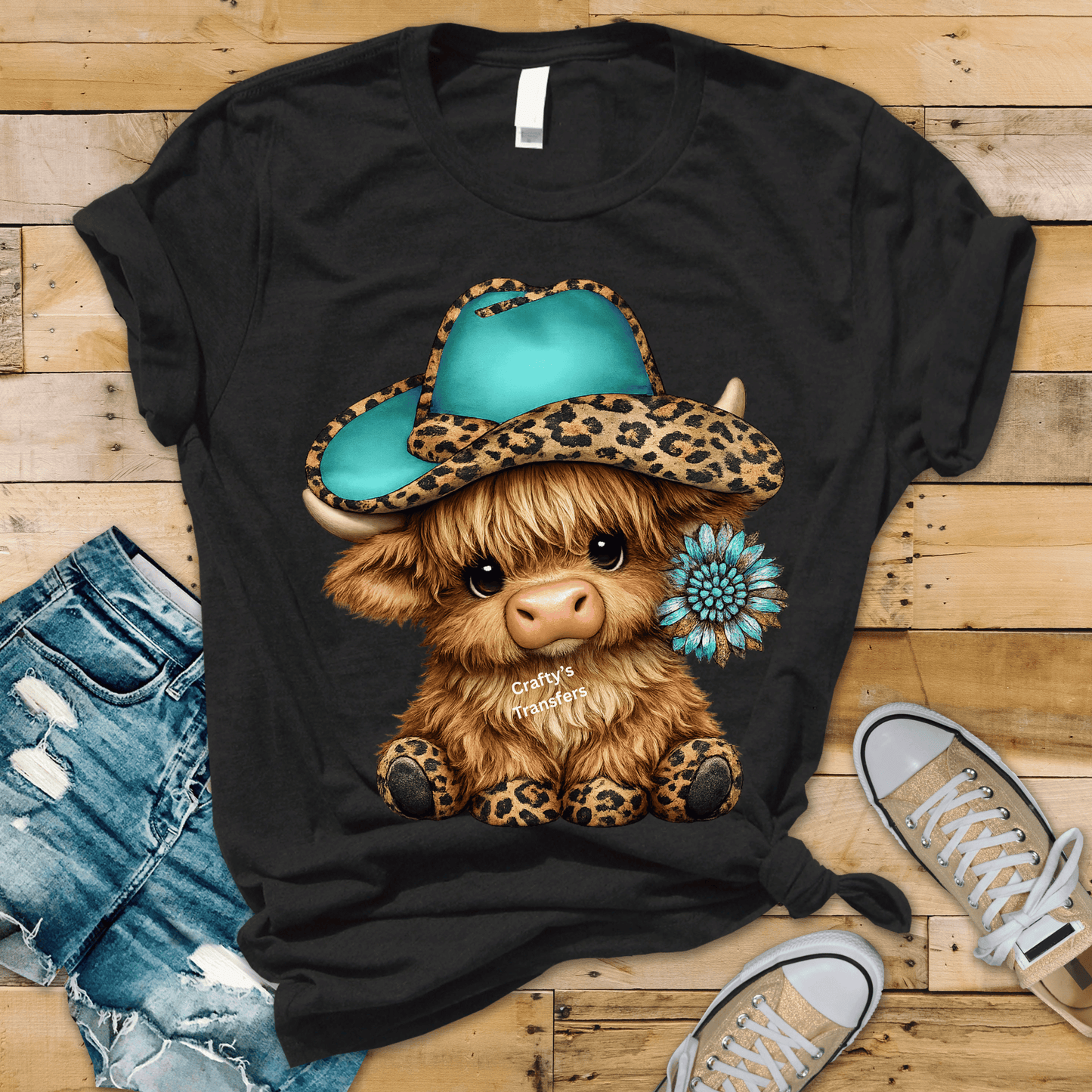 Cute Highland Cow DTF Transfer | Turquoise Cowgirl Hat Western Design | Leopard Print Cow | Western Shirt Transfer Boutique Style