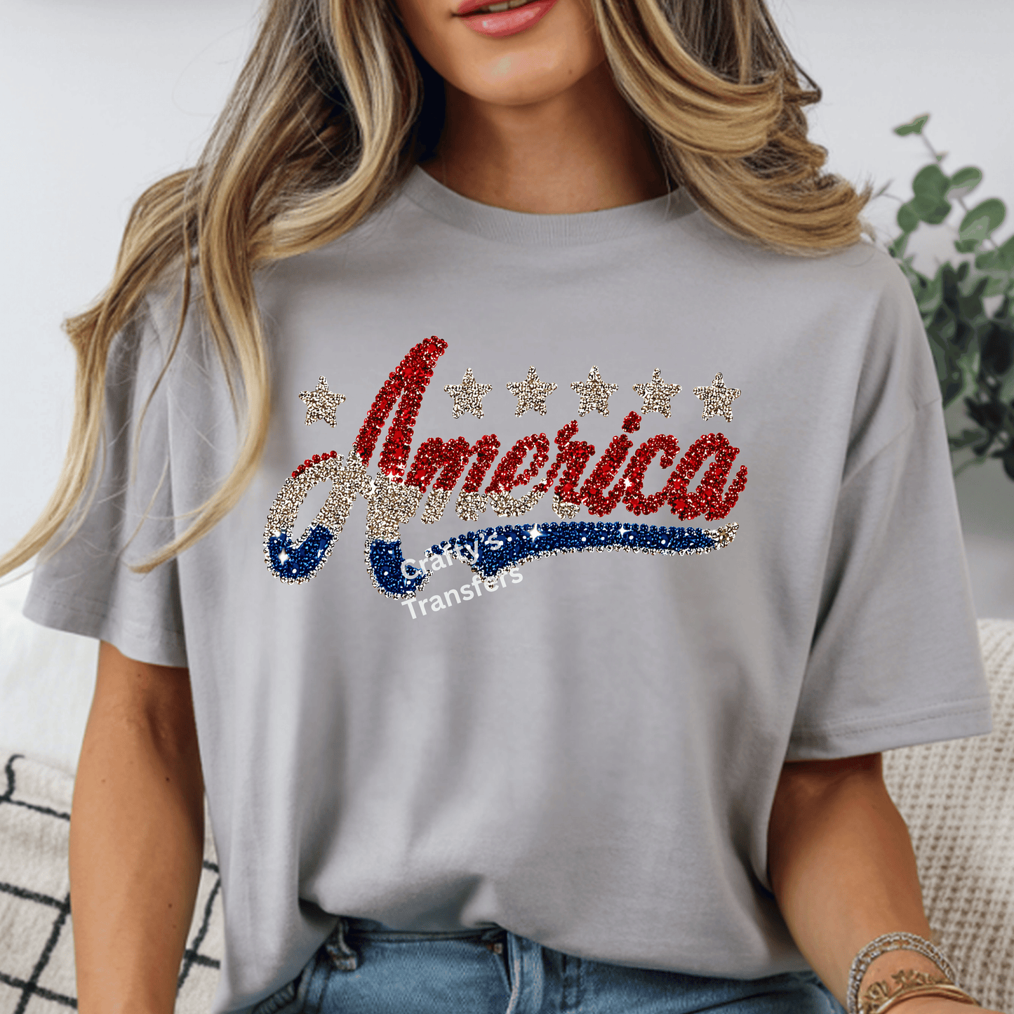 America Glitter DTF Transfer | Patriotic Red White Blue Script Design | 4th of July Shirt Transfer | Sparkle USA Graphic Tee