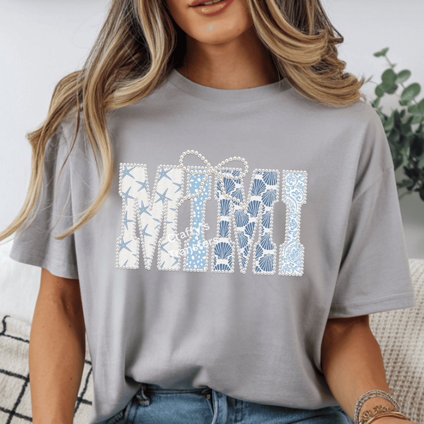 Mimi Nana Yaya Coastal DTF with Pearl Bow | Beach Gigi Shirt Design | Seashell Blue Pattern Graphic