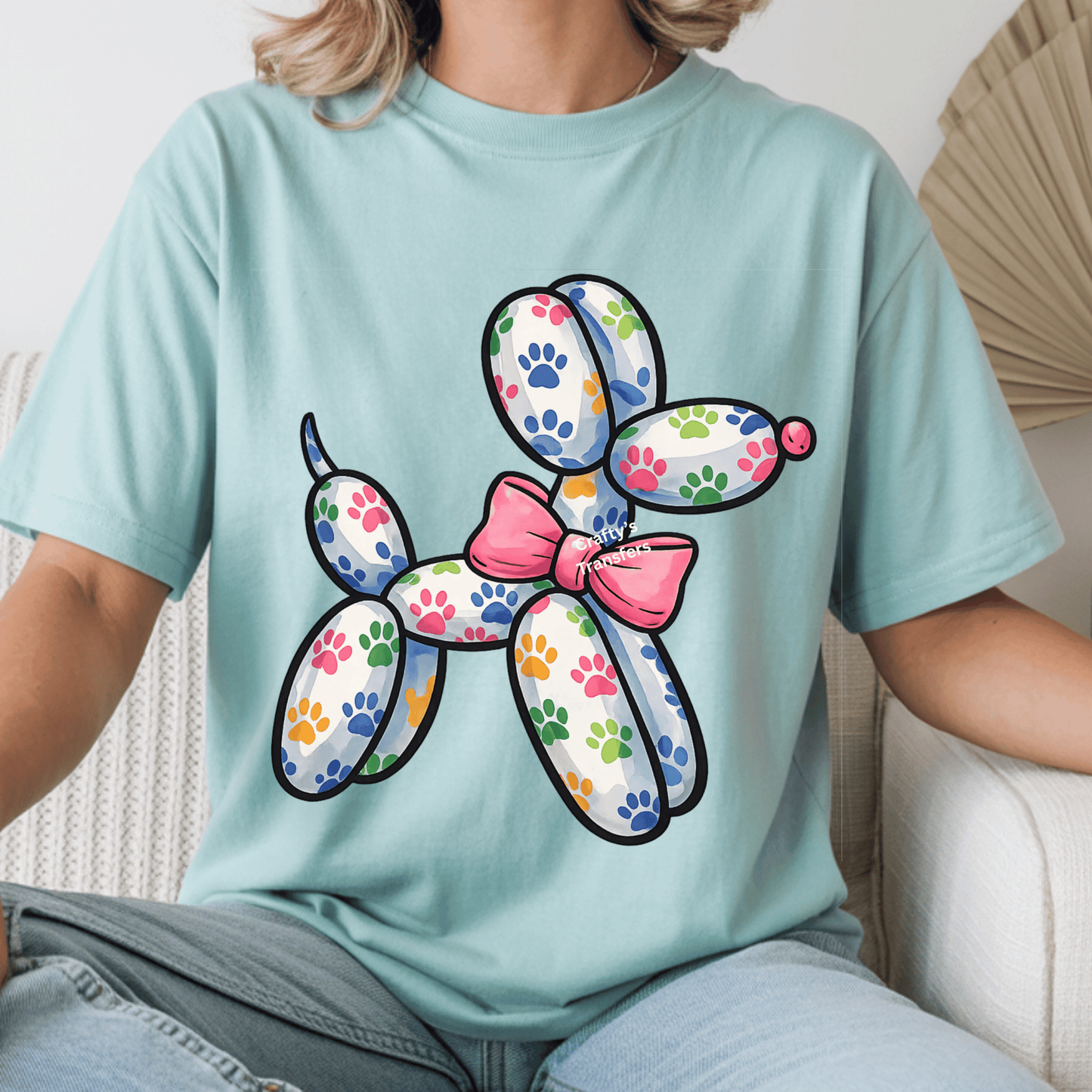 Colorful Paw Print Balloon Dog DTF Transfer | Cute Dog Lover Heat Transfer | Pet Paw Print Graphic Tee Design